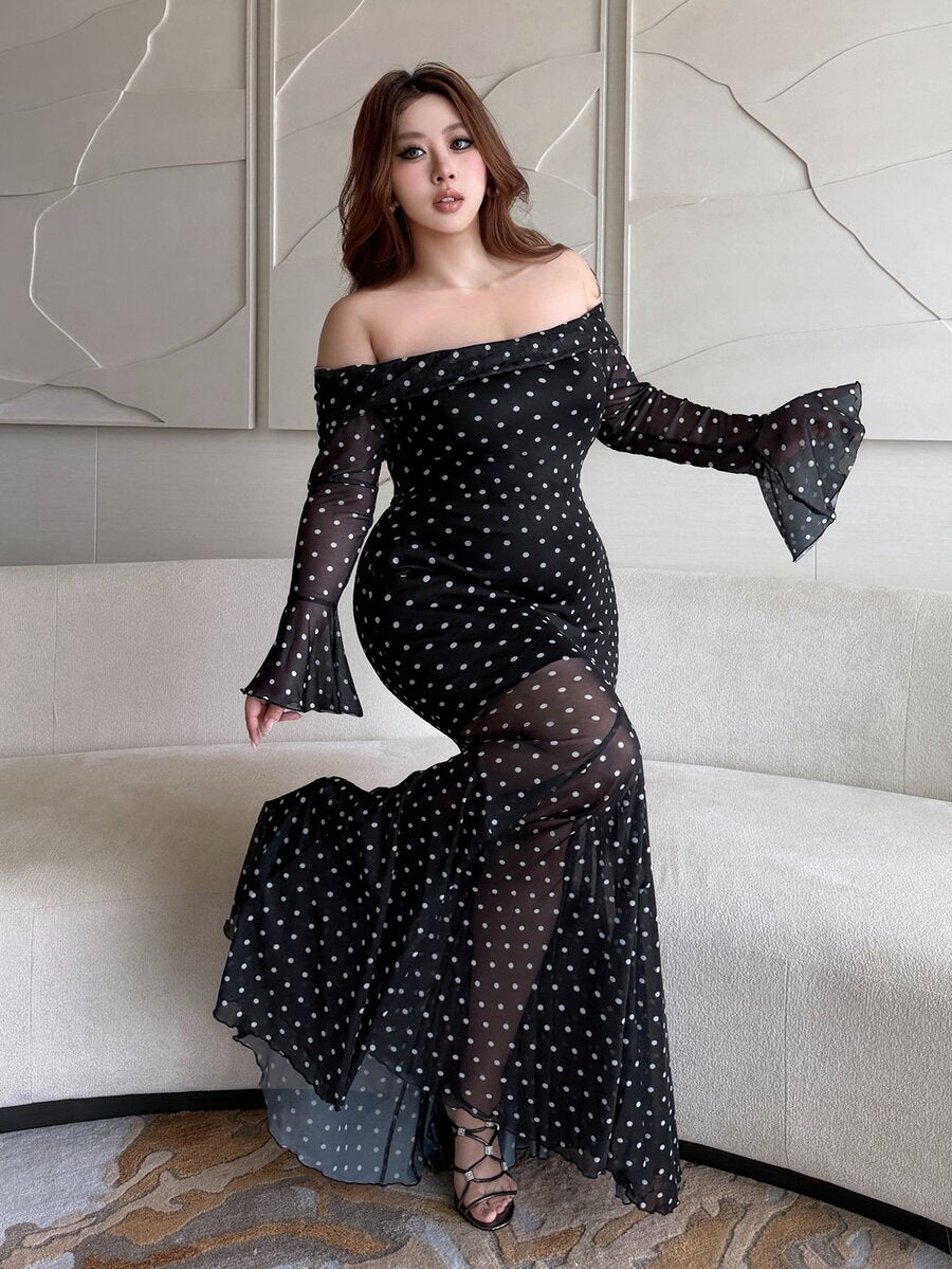 SHEIN Vibekara فستان أسود طويل بكتف مكشوف ونقشة بولكا دوت وذيل حورية البحر