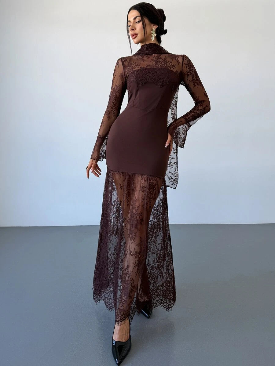 SHEIN Firerie فستان بني بأكمام طويلة وتفاصيل دانتيل وشريط شفاف
