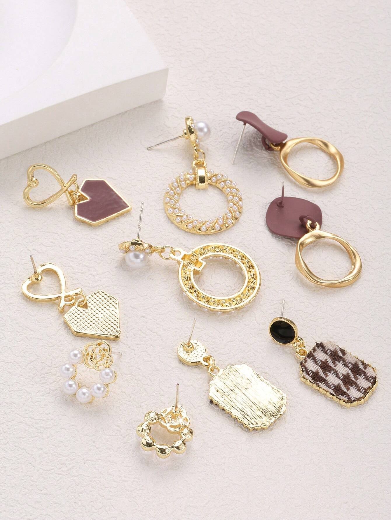 5Pairs/Set Vintage Alloy Dangle Earrings with Pearls & Rhinestone Heart-Shaped Ear Studs, Suitable for Women'S Daily Wear