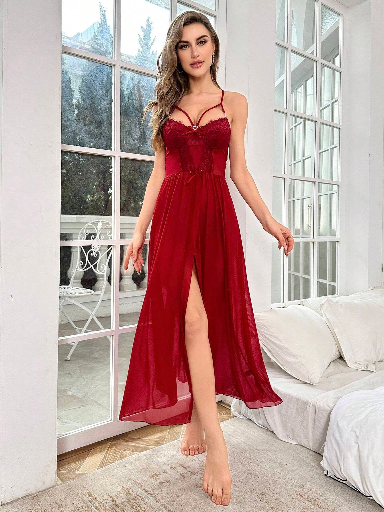 Lace Trim Split Thigh Cami Nightdress