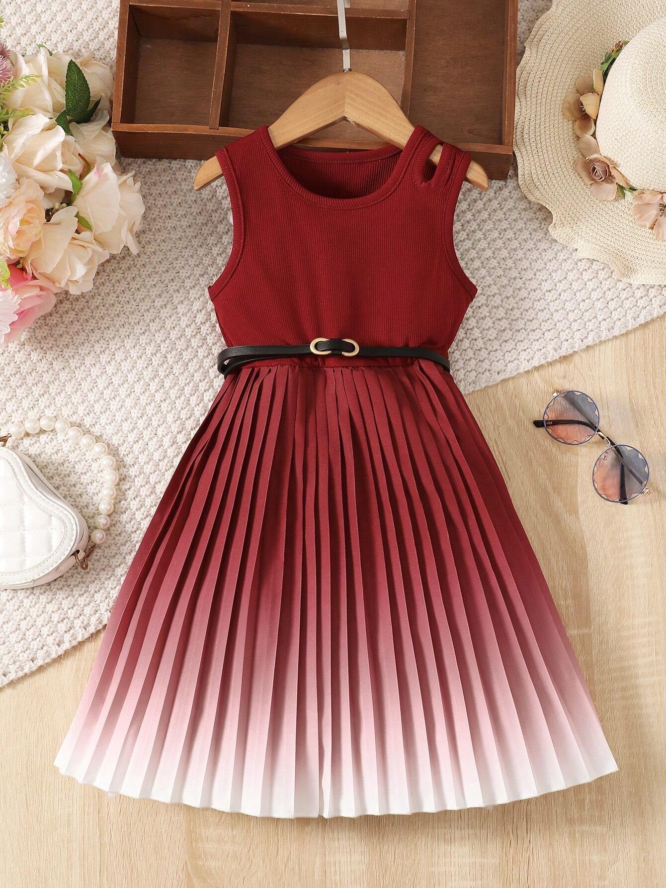 Young Girl Gradient Colorblock Pleated Hem Sleeveless Dress for Summer