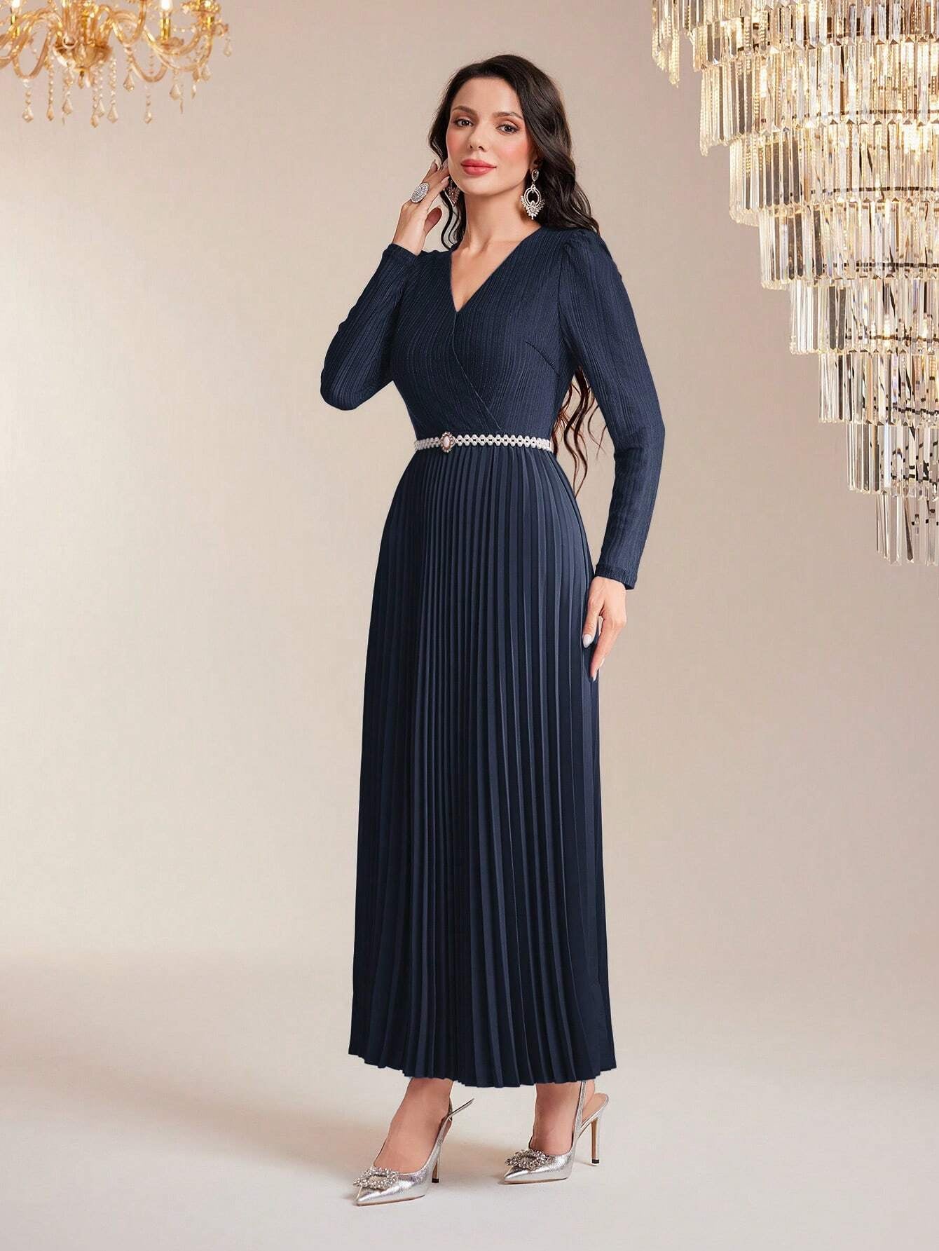 Modely Surplice Neck Pleated Hem Dress with Belt