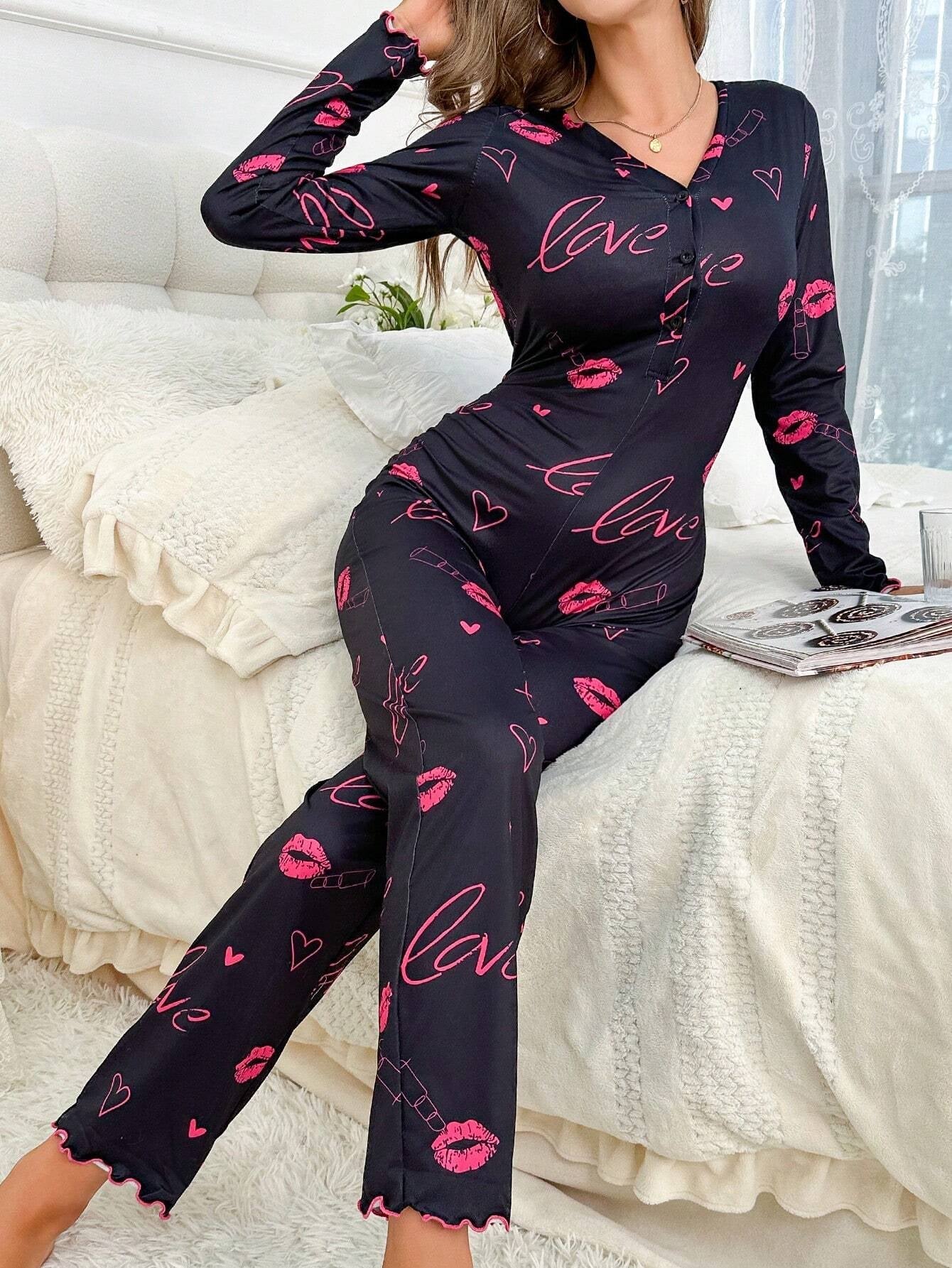 Koala & Heart Print Half Button Lettuce Trim Sleep Jumpsuit