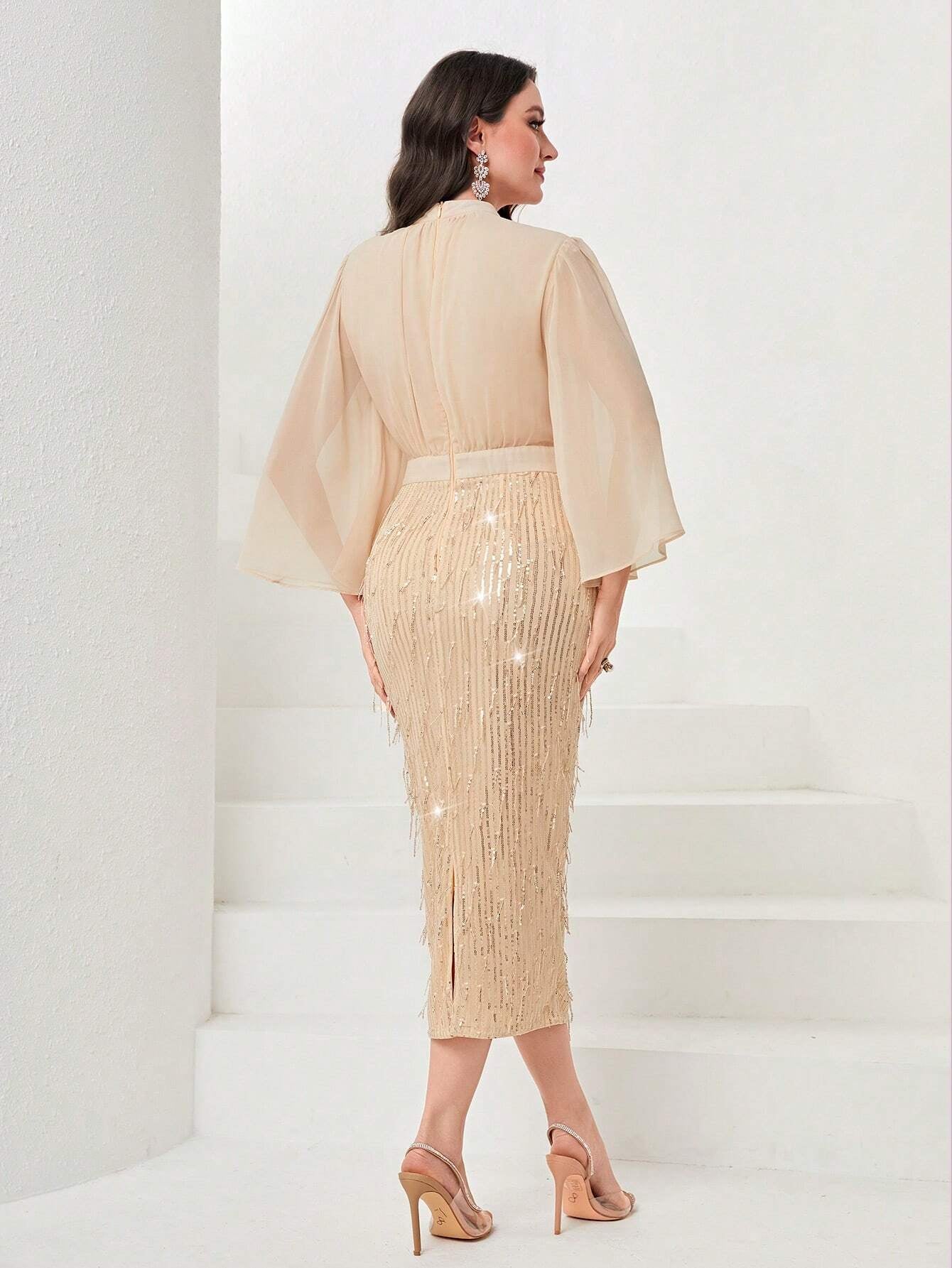 Modely Mock Neck Flare Sleeve Sequin Dress