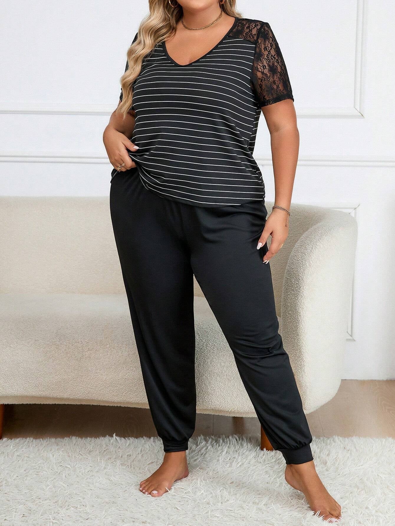 Women'S plus Size V-Neck Striped Lace Trim Pajama Sets