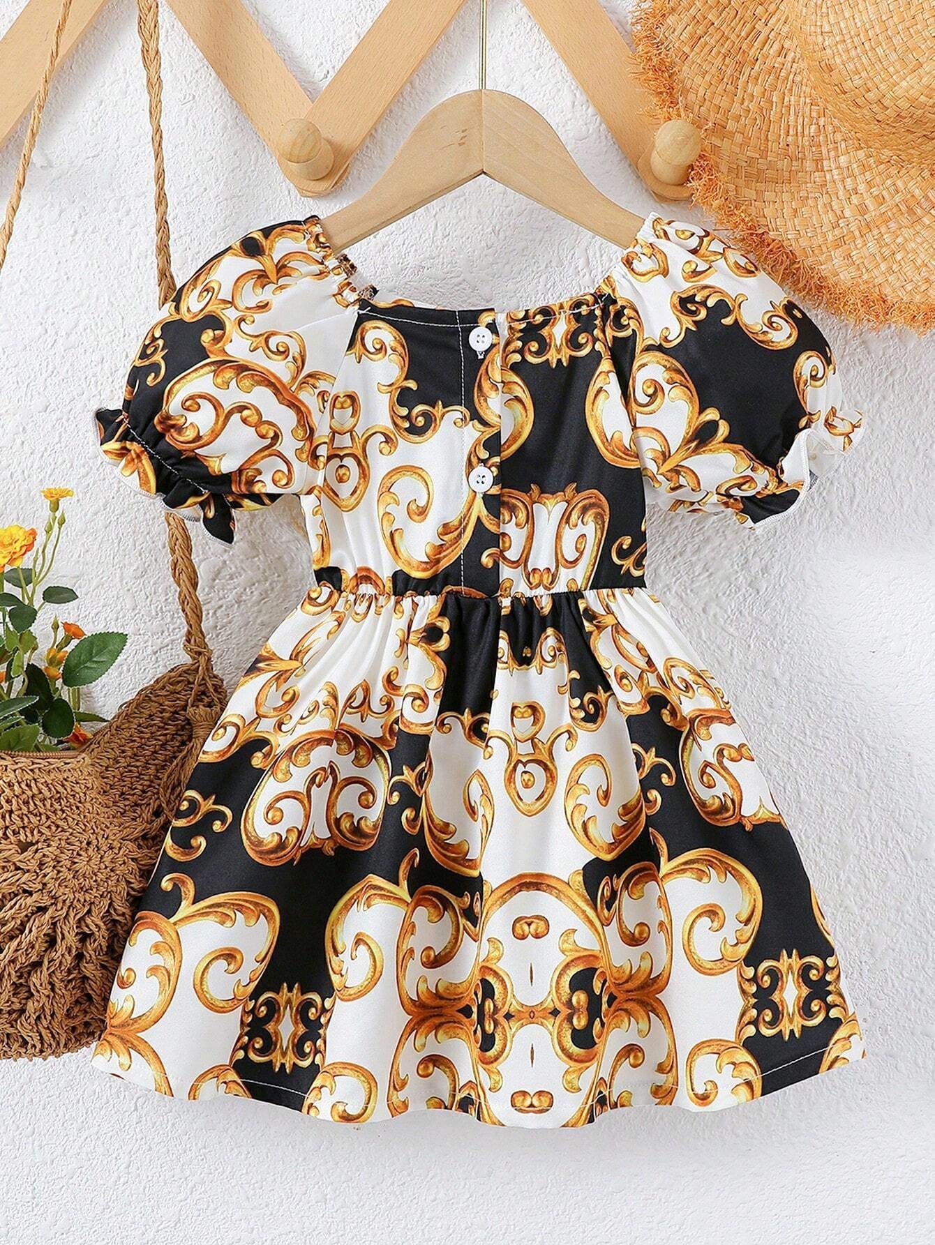 Baby Girls' Baroque Print Puff Sleeve Dress