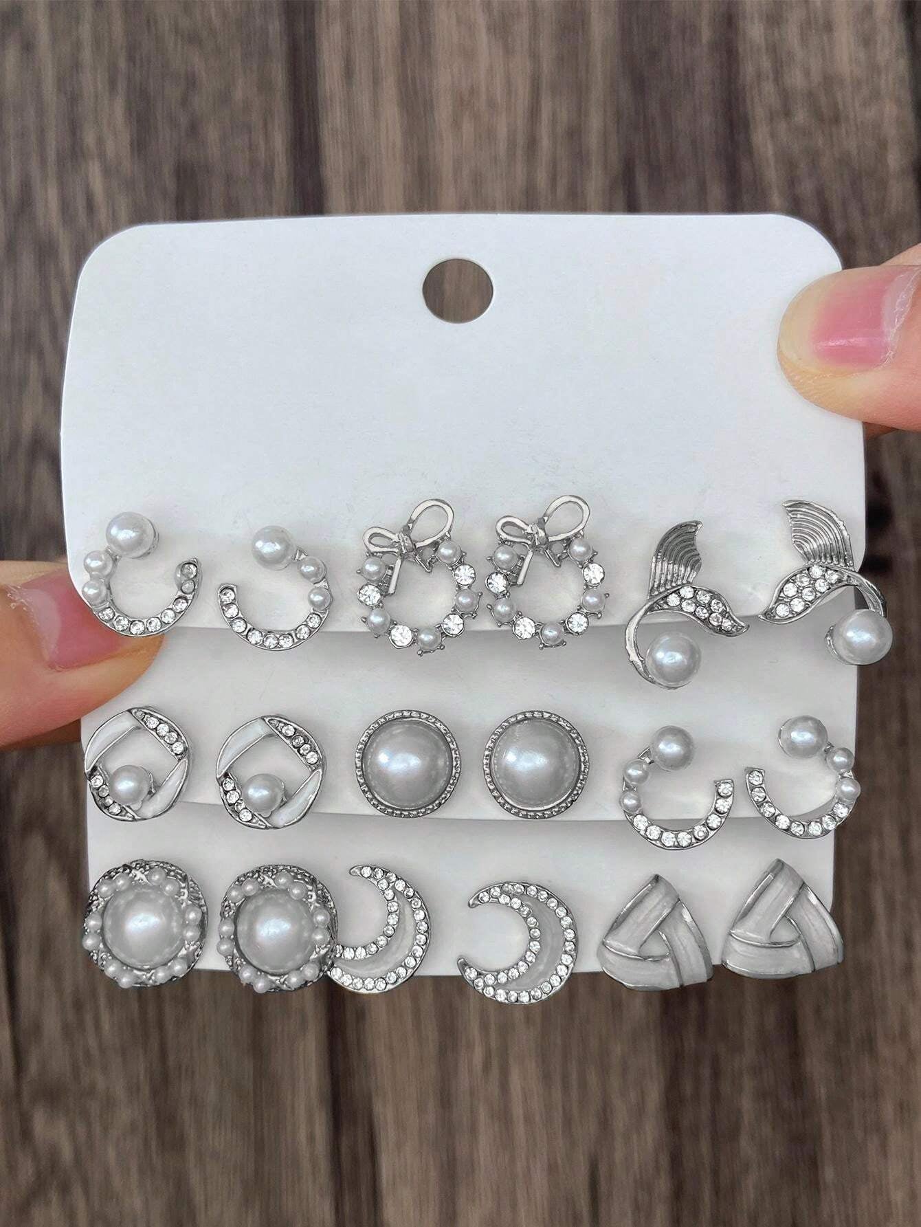 9Pairs/Set Fashionable Zinc Alloy Rhinestone Moon & Faux Pearl Decor Stud Earrings for Women for Daily Decoration