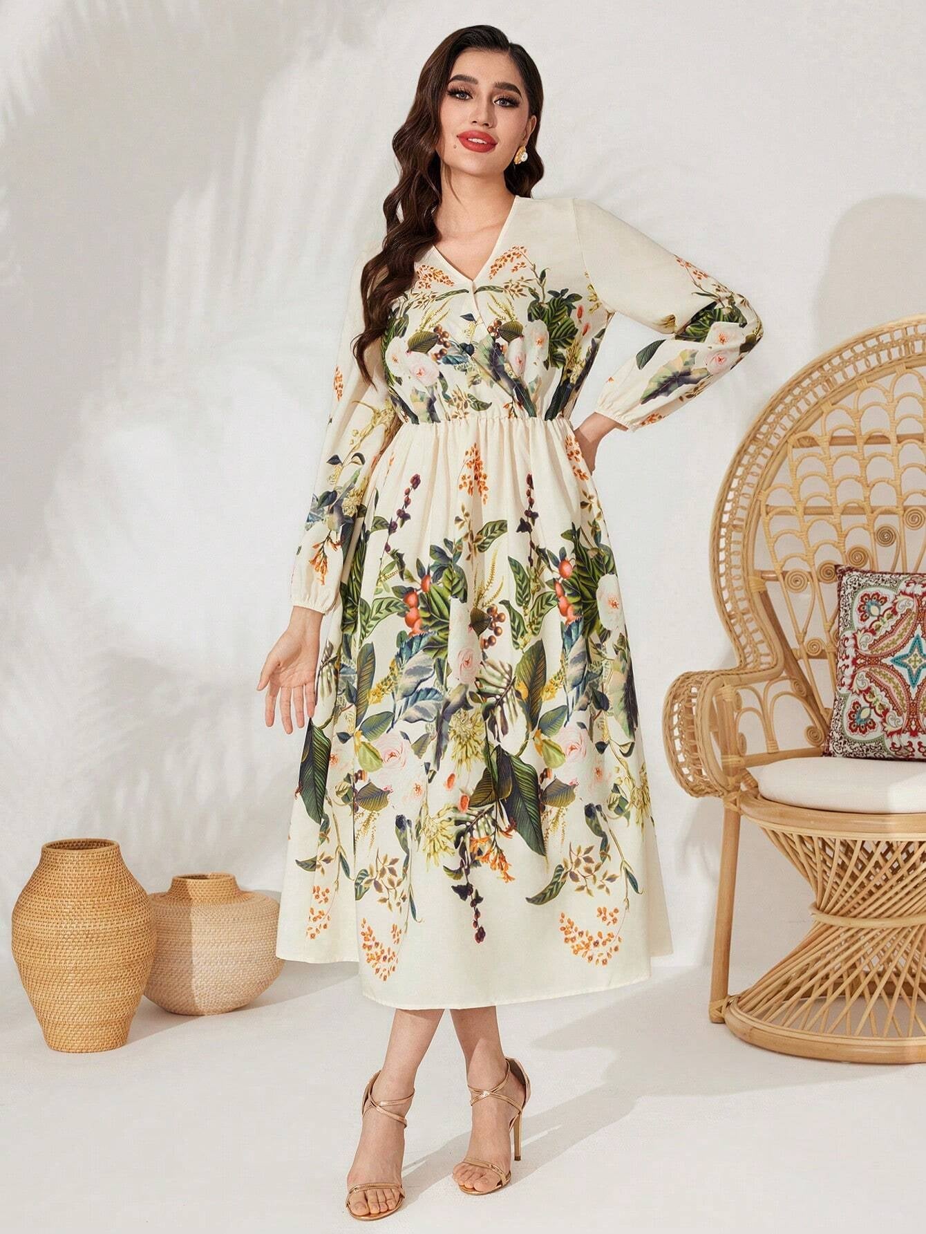 Mulvari Plant Printed Long Sleeve Dress