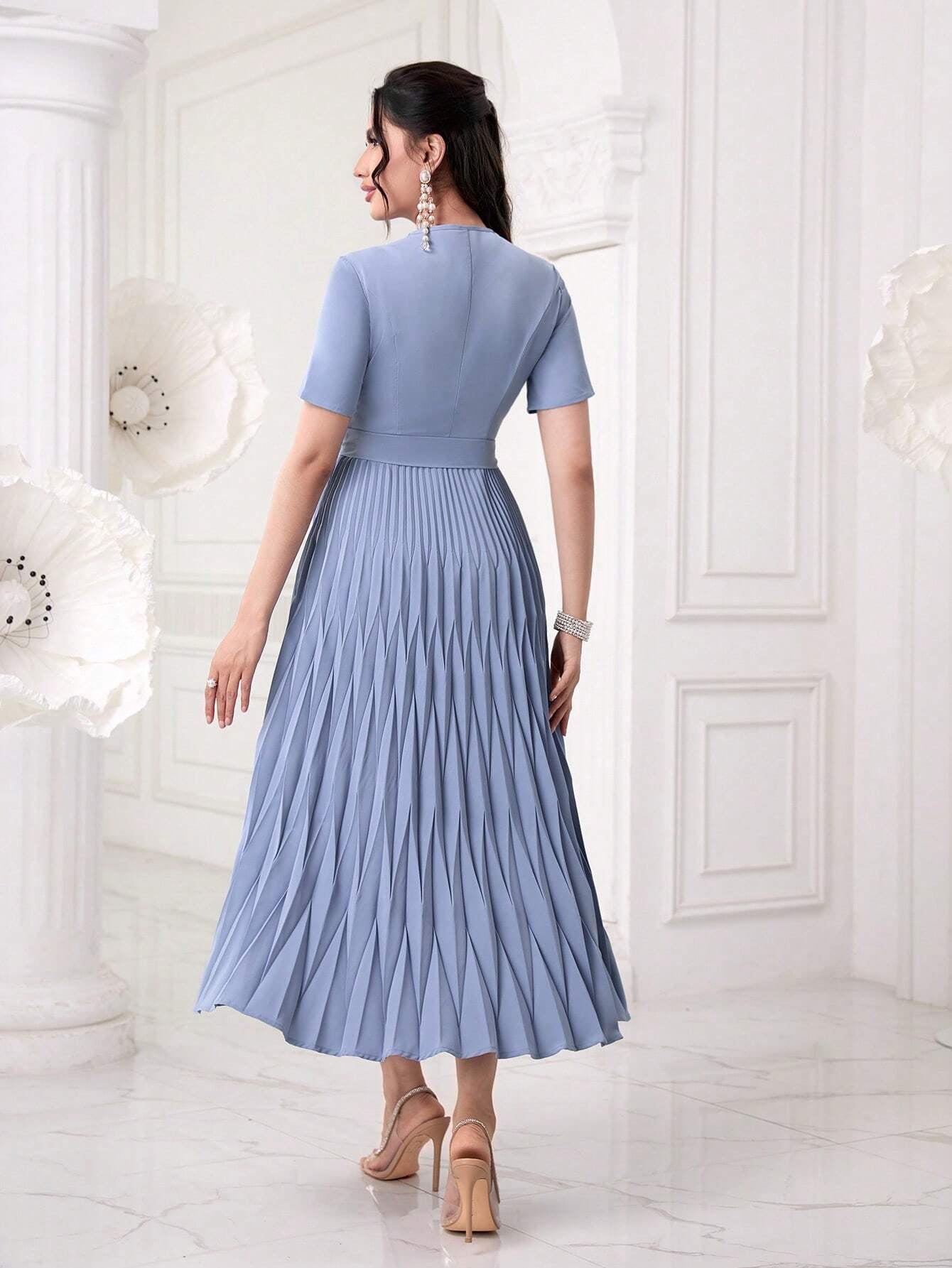 Modely Pearls Beaded Detail Belted Pleated Hem Dress