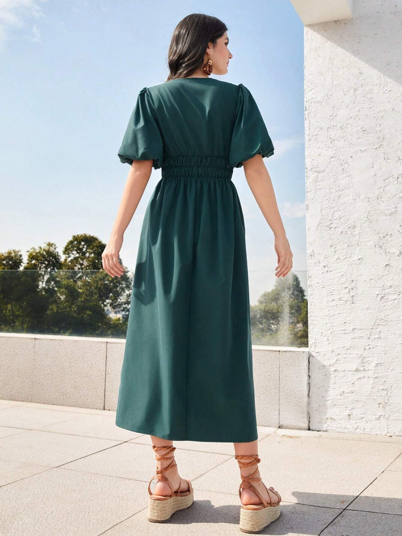 Mulvari Women'S Lantern Sleeve Waist Adjustable Dress