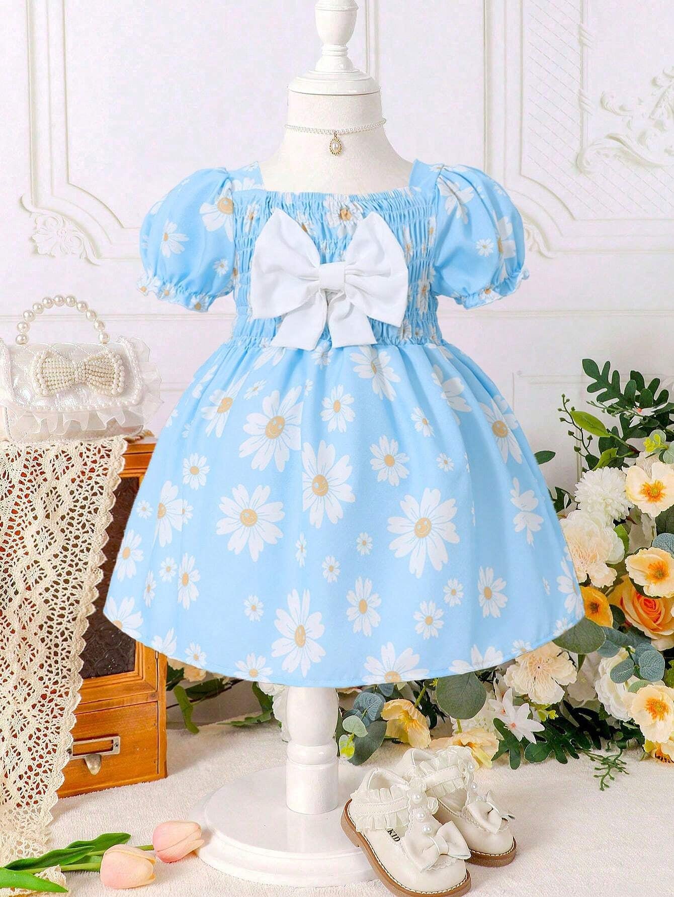 Baby Girl Floral Print Bow Front Puff Sleeve Dress