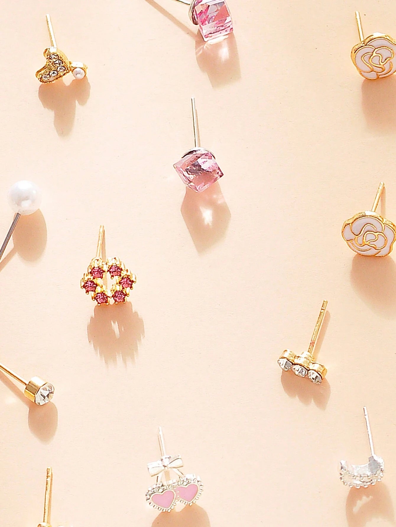 9Pairs/Set Rhinestone & Flower Decor Stud Earrings