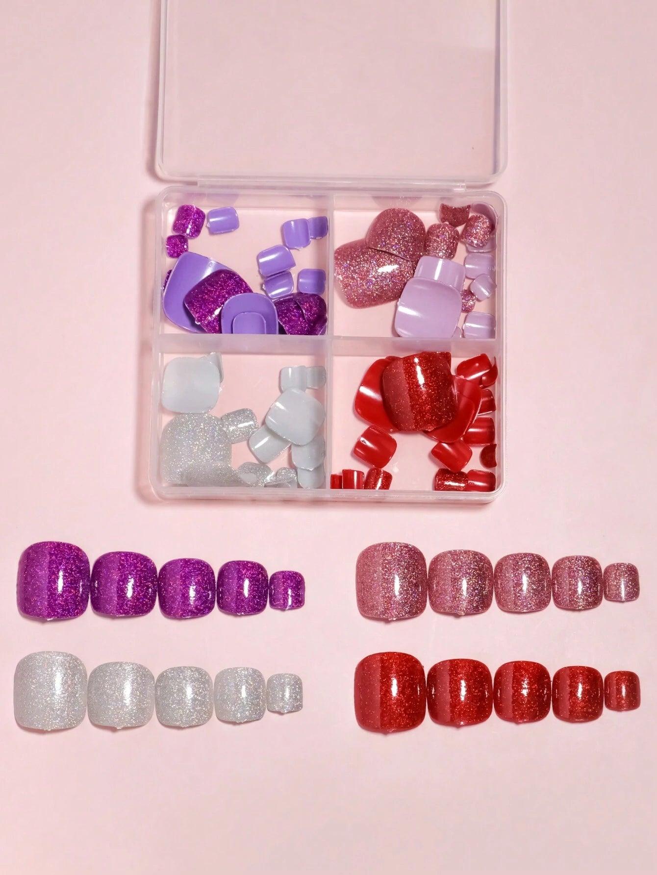 96Pcs(Black/White/Red/Light Pink) Short Square Press on Toenails Designed Press on Toenails Full Cover, 4 Glossy False Toenails for Feet, French Design Fake Toenails for Summer Nail Art Set for Women and Girls with Re-Usable Storage Box