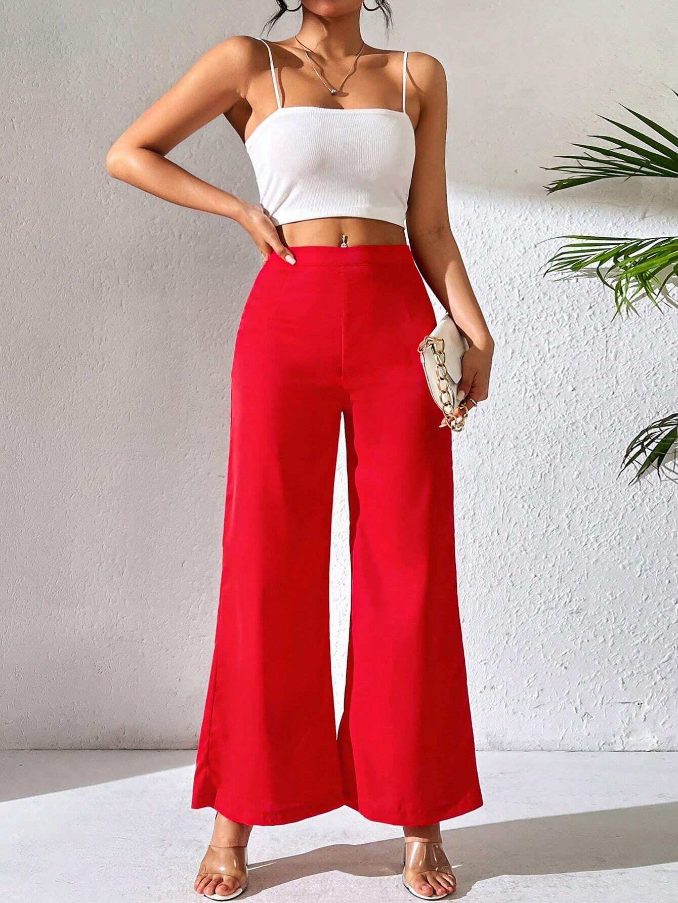 PETITE Solid Color Wide Leg Pants