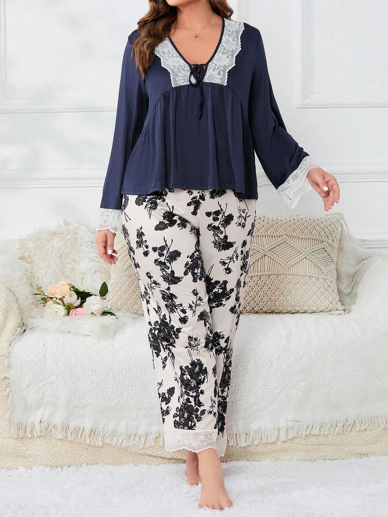 Plus Floral Print Contrast Lace PJ Set
