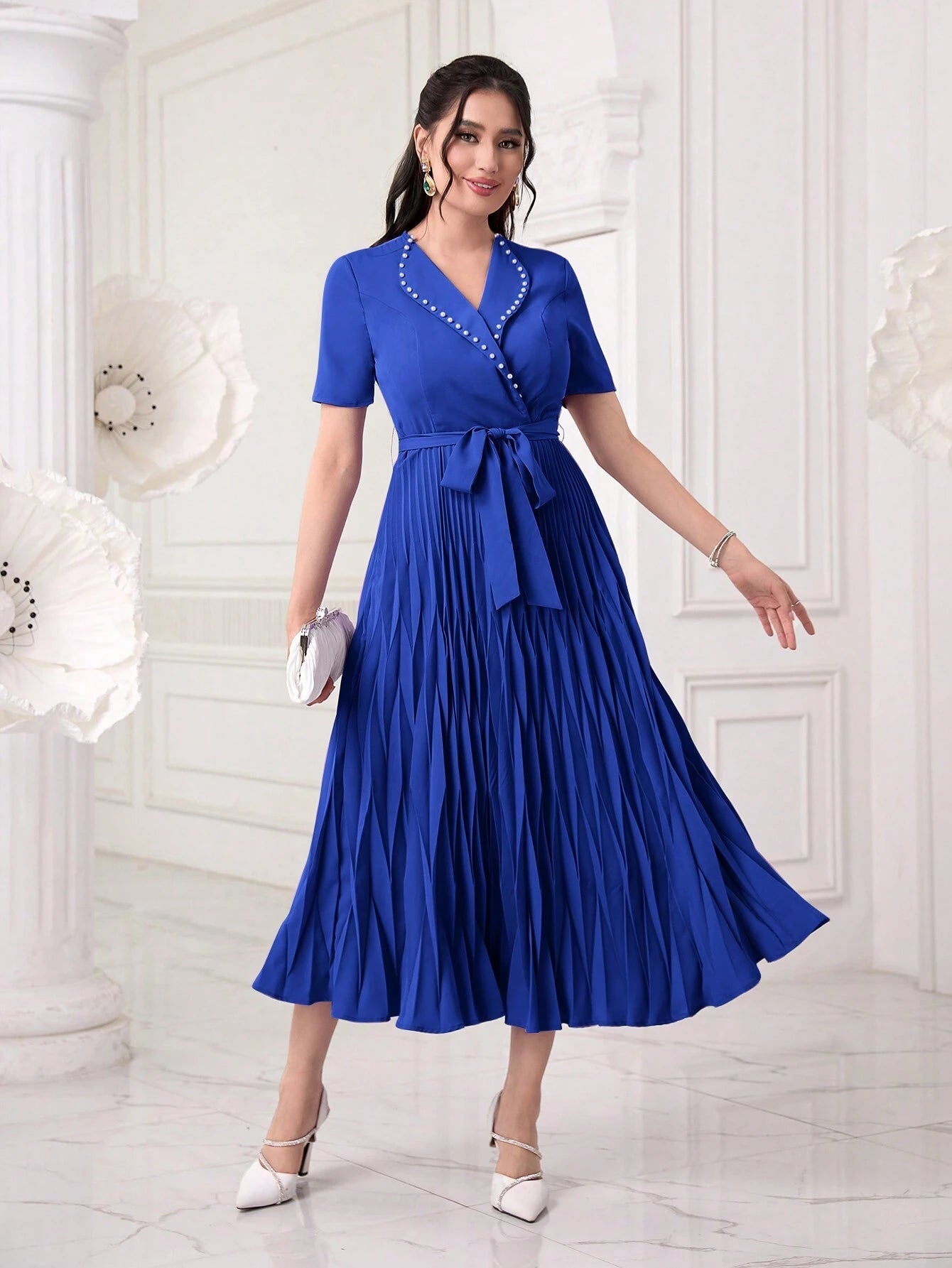 Modely Pearls Beaded Detail Belted Pleated Hem Dress