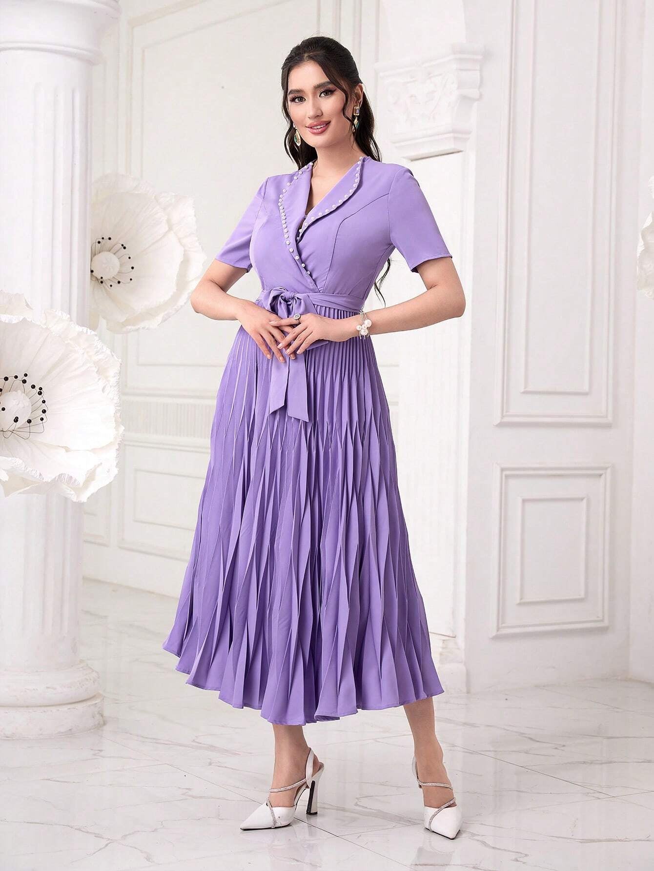 Modely Pearls Beaded Detail Belted Pleated Hem Dress