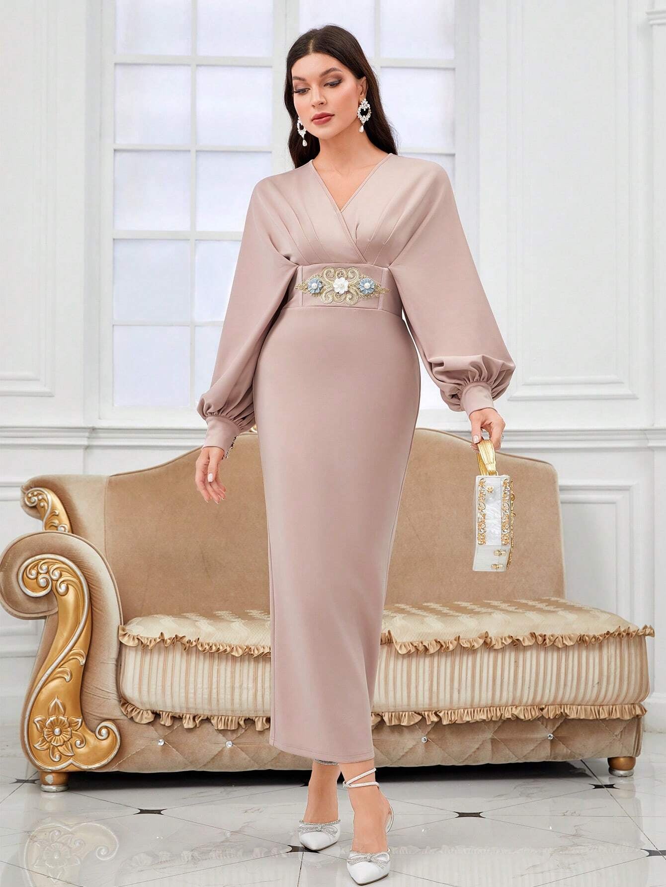 Modely Applique Surplice Neck Lantern Sleeve Split Back Dress