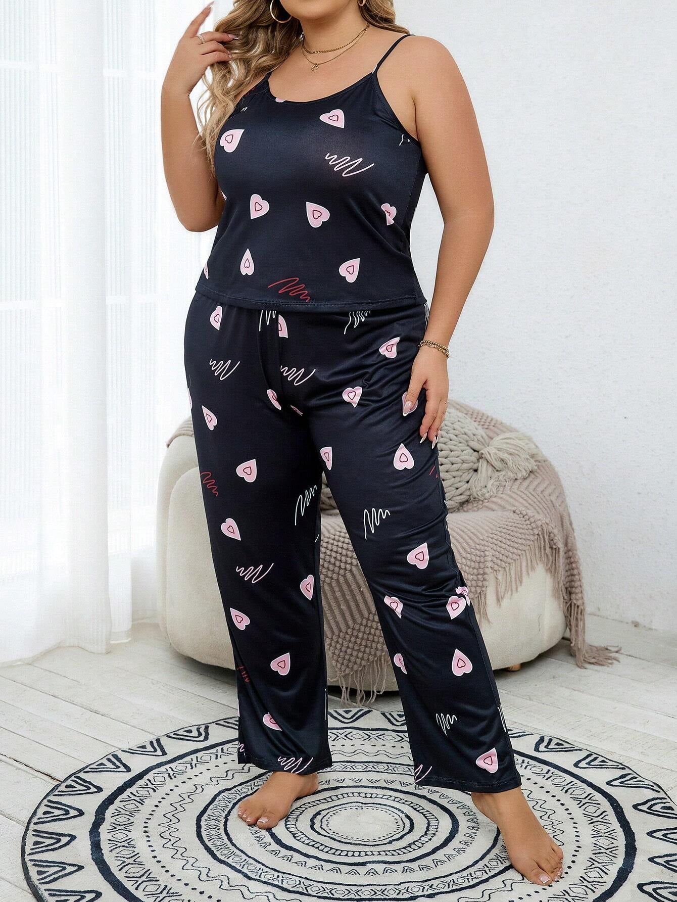 Plus Size Women'S Pink Heart Shaped Cami Set