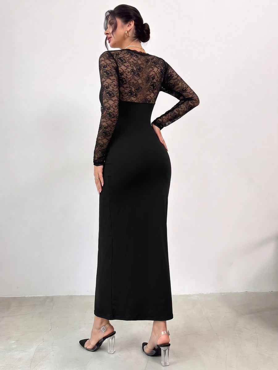 SHEIN Firerie فستان أسود بتفاصيل دانتيل وأكمام طويلة