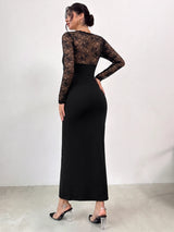 SHEIN Firerie فستان أسود بتفاصيل دانتيل وأكمام طويلة