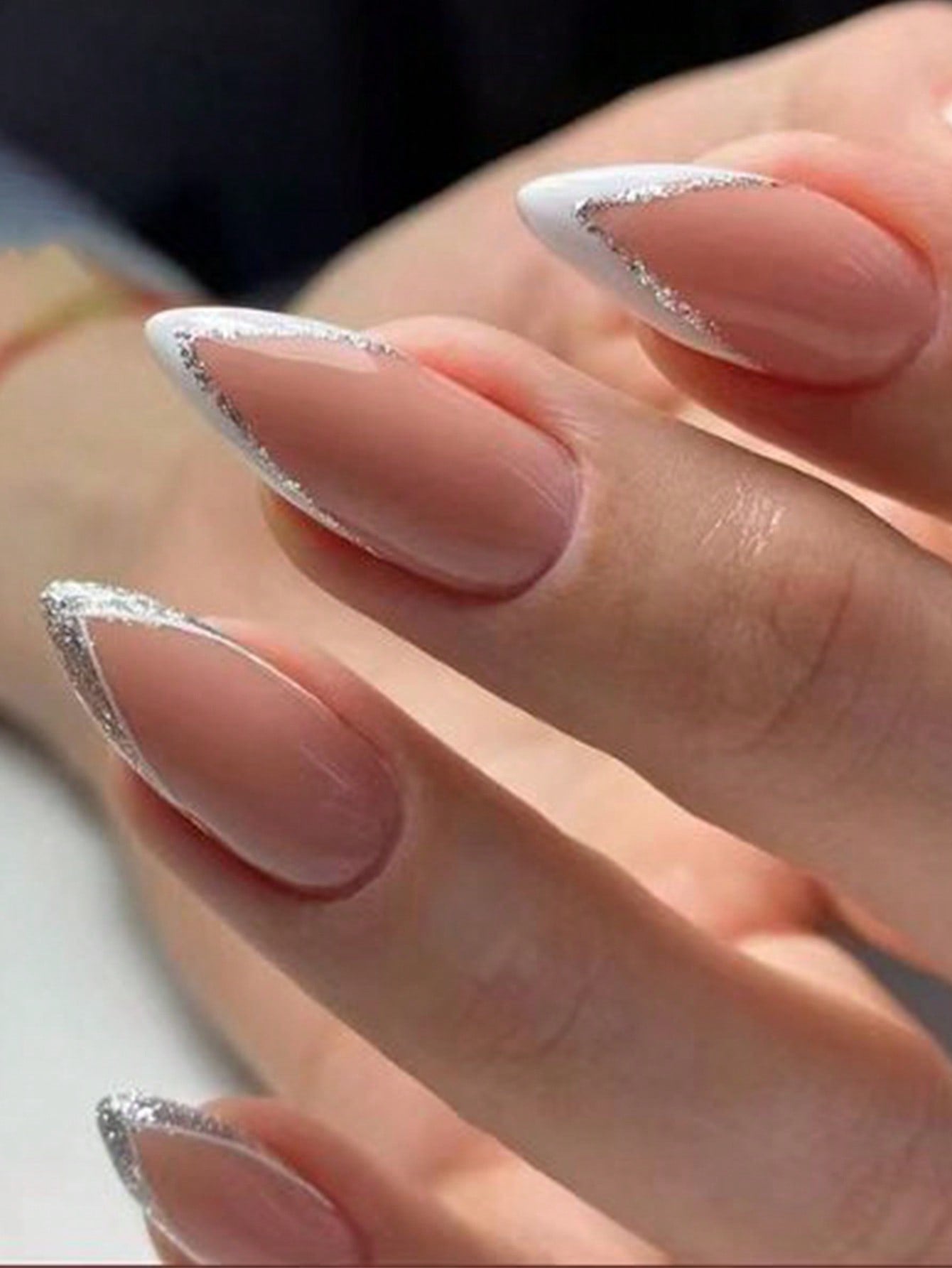 24Pcs/Set Sparkling French Style Almond Shape Medium-Long False Nails for Finger with Adhesive Tabs, Manicure Set