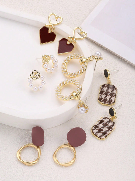 5Pairs/Set Vintage Alloy Dangle Earrings with Pearls & Rhinestone Heart-Shaped Ear Studs, Suitable for Women'S Daily Wear