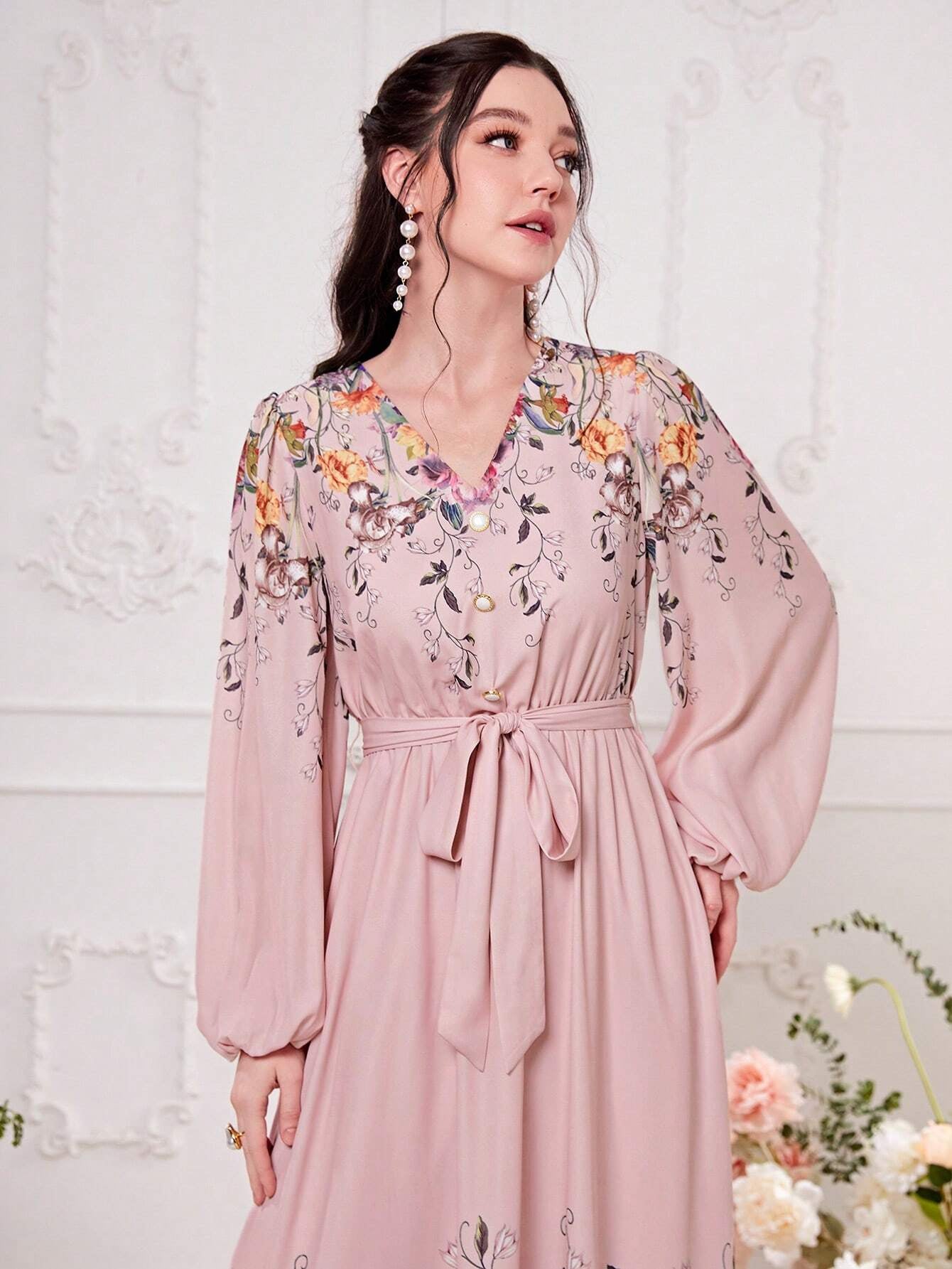 Modely Floral Print Lantern Sleeve Belted Dress