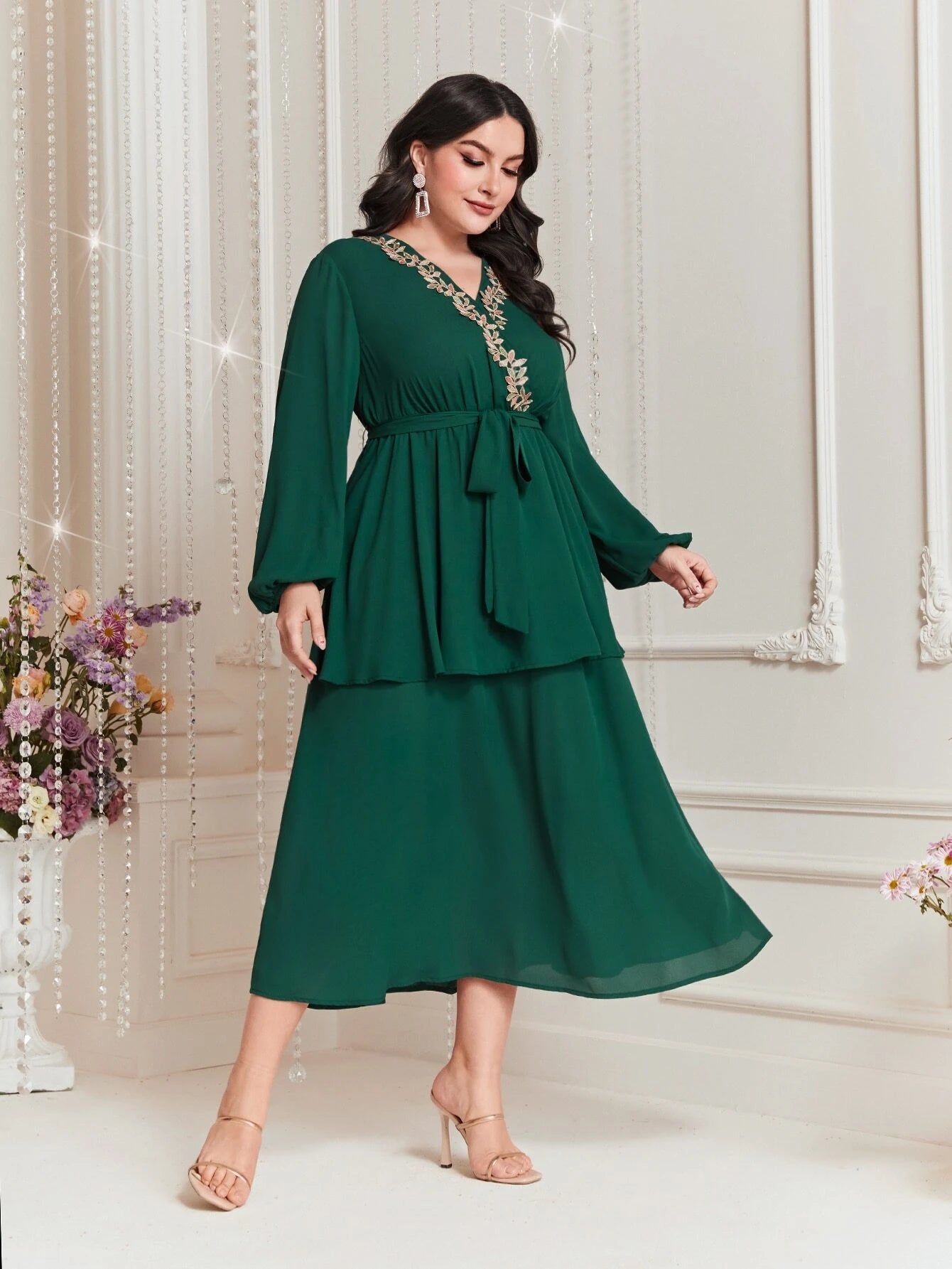 Modely plus Size Embroidered Decor Lantern Sleeve Dress