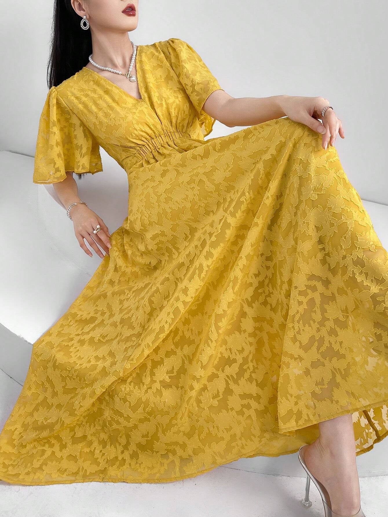 Mulvari Women'S V-Neck Trumpet Sleeve Jacquard Dress
