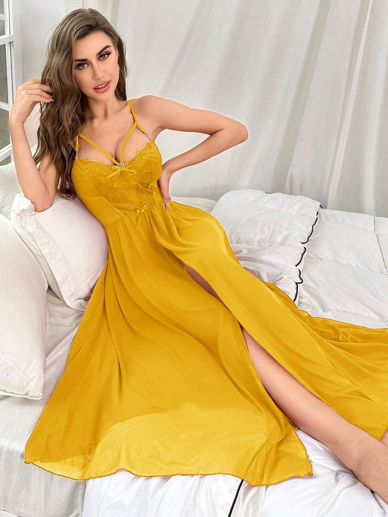 Lace Trim Split Thigh Cami Nightdress