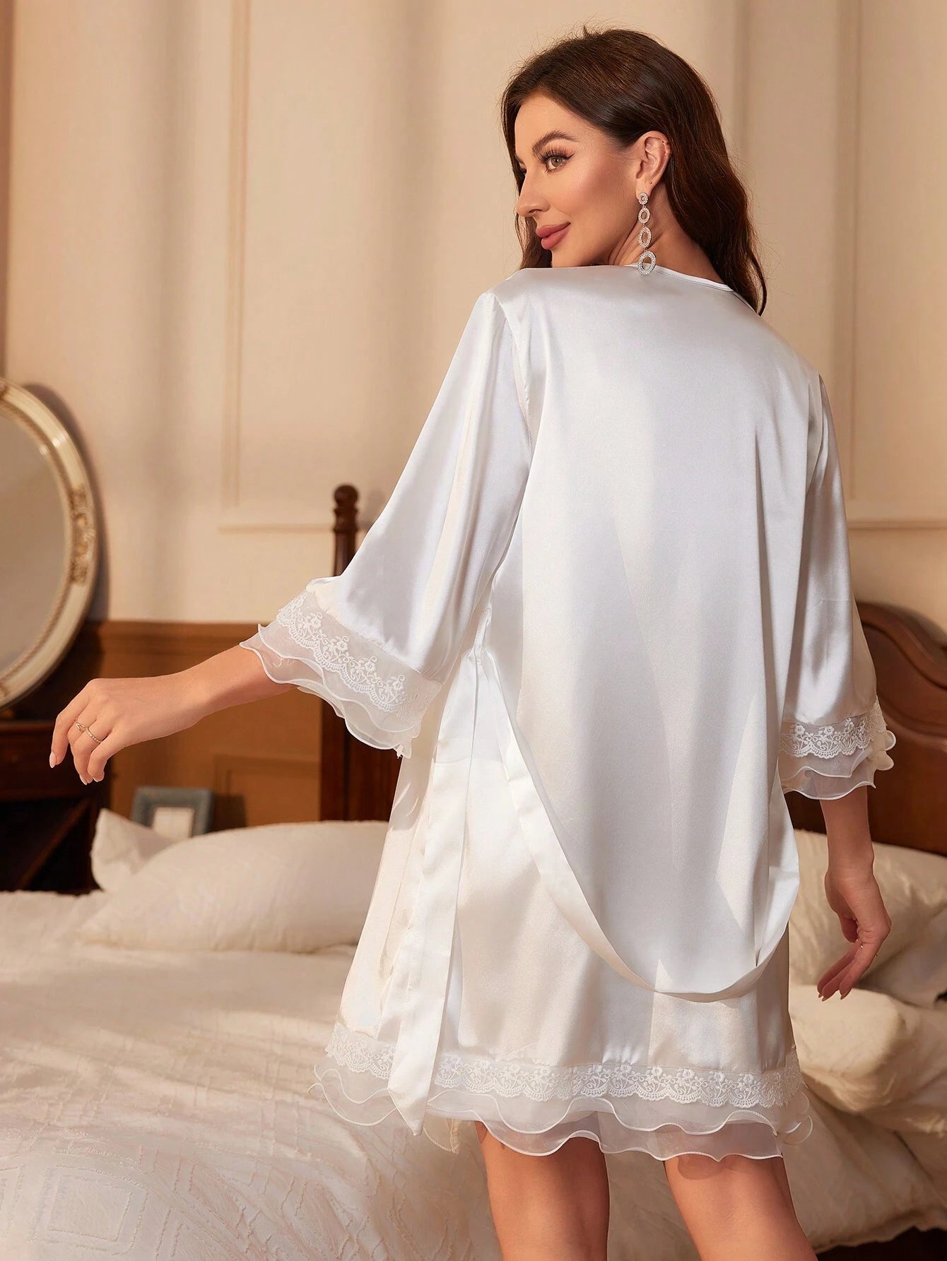Solid Color Cami Dress with Lace Trimmed Jacket Pajama Set