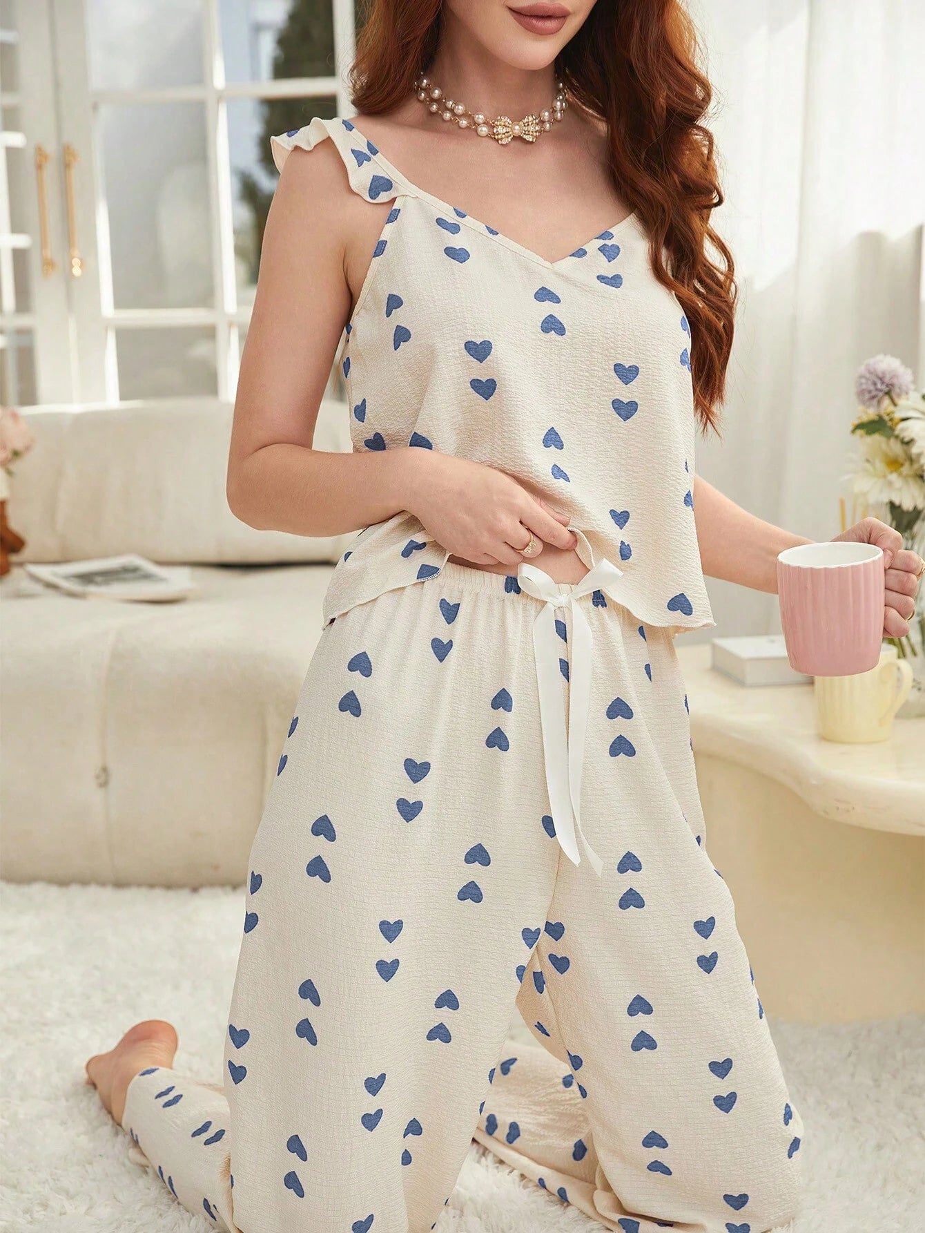 Heart Print Ruffle Trim PJ Set