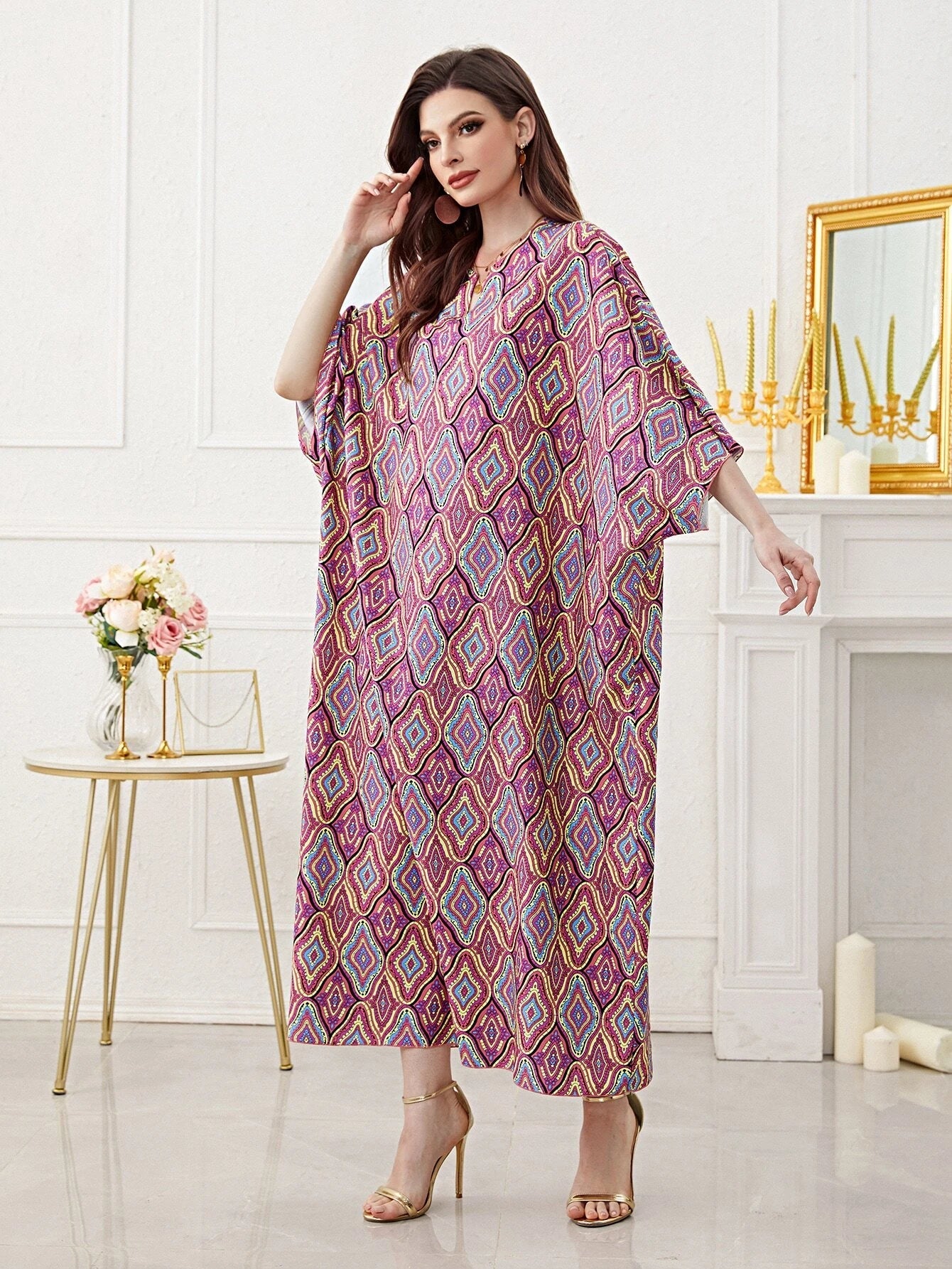 Najma Women'S Loose Turkish Long Shirt with Geometric Pattern
