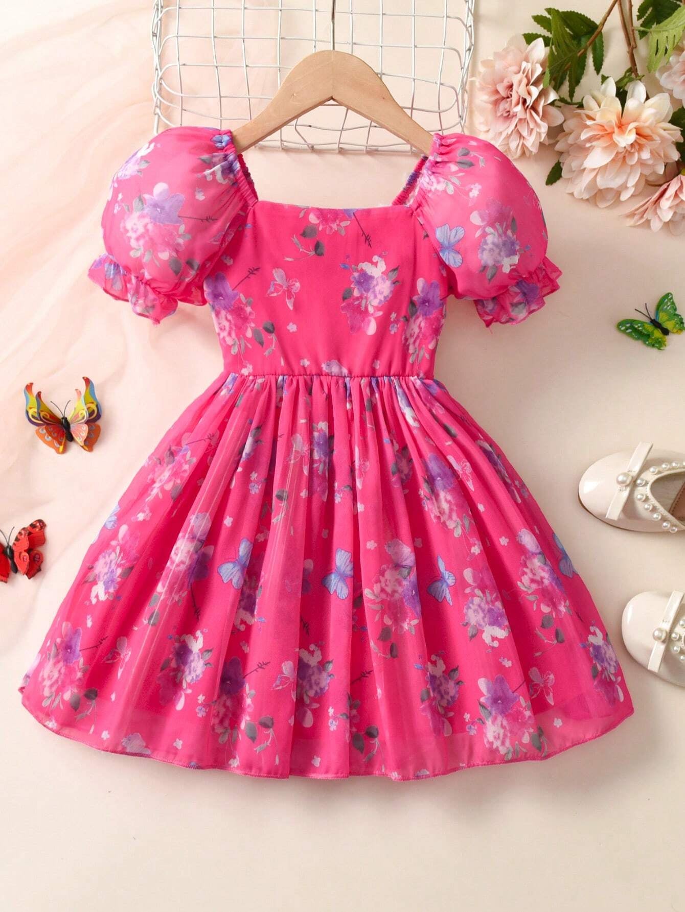 Young Girl'S Floral Printed Puff Sleeve Dress