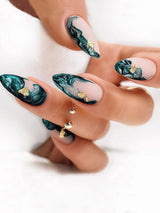 24Pcs/Box Galaxy Blue Starry Sky Almond Nail Tips with Ombre Effect + 1Pc Jelly Glue + 1Pc Nail File