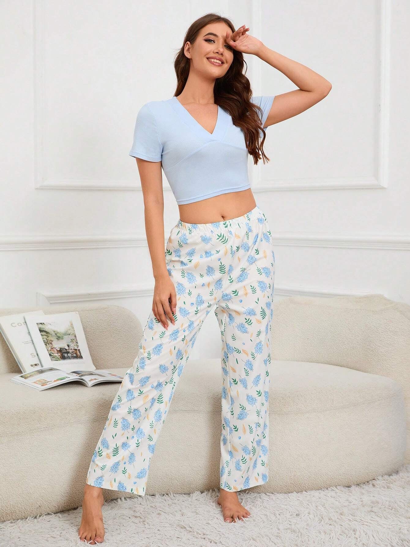 Solid Color Top Printed Trousers Home Wear Set