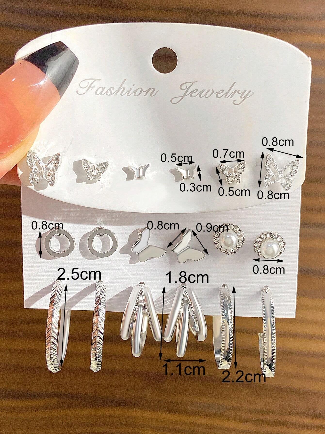 9Pairs/Set Fashionable Zinc Alloy Rhinestone Moon & Faux Pearl Decor Stud Earrings for Women for Daily Decoration