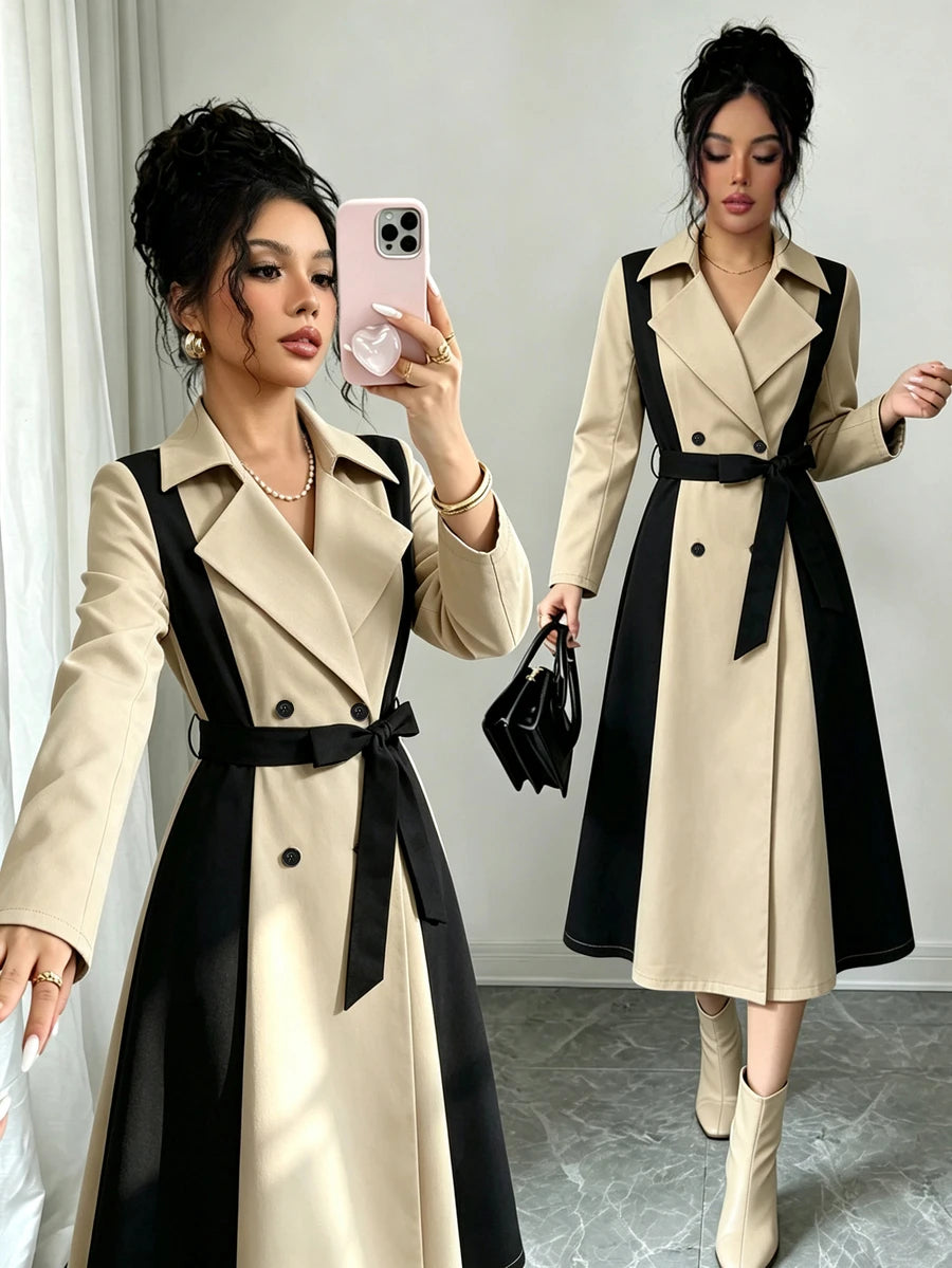 SHEIN Elenzga معطف ترنش نسائي بلون كاكي وأسود مخطط مزدوج الصدر بحزام