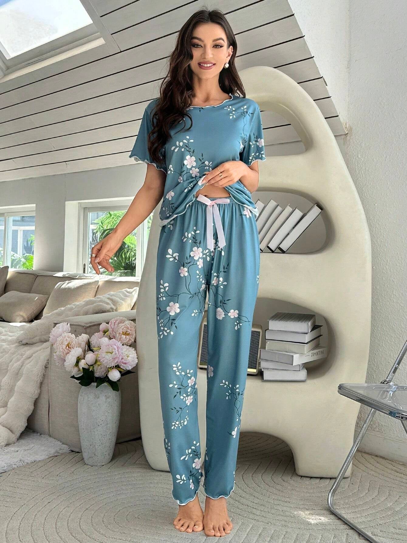 Floral Printed Short Sleeve Top & Pants Homewear Set