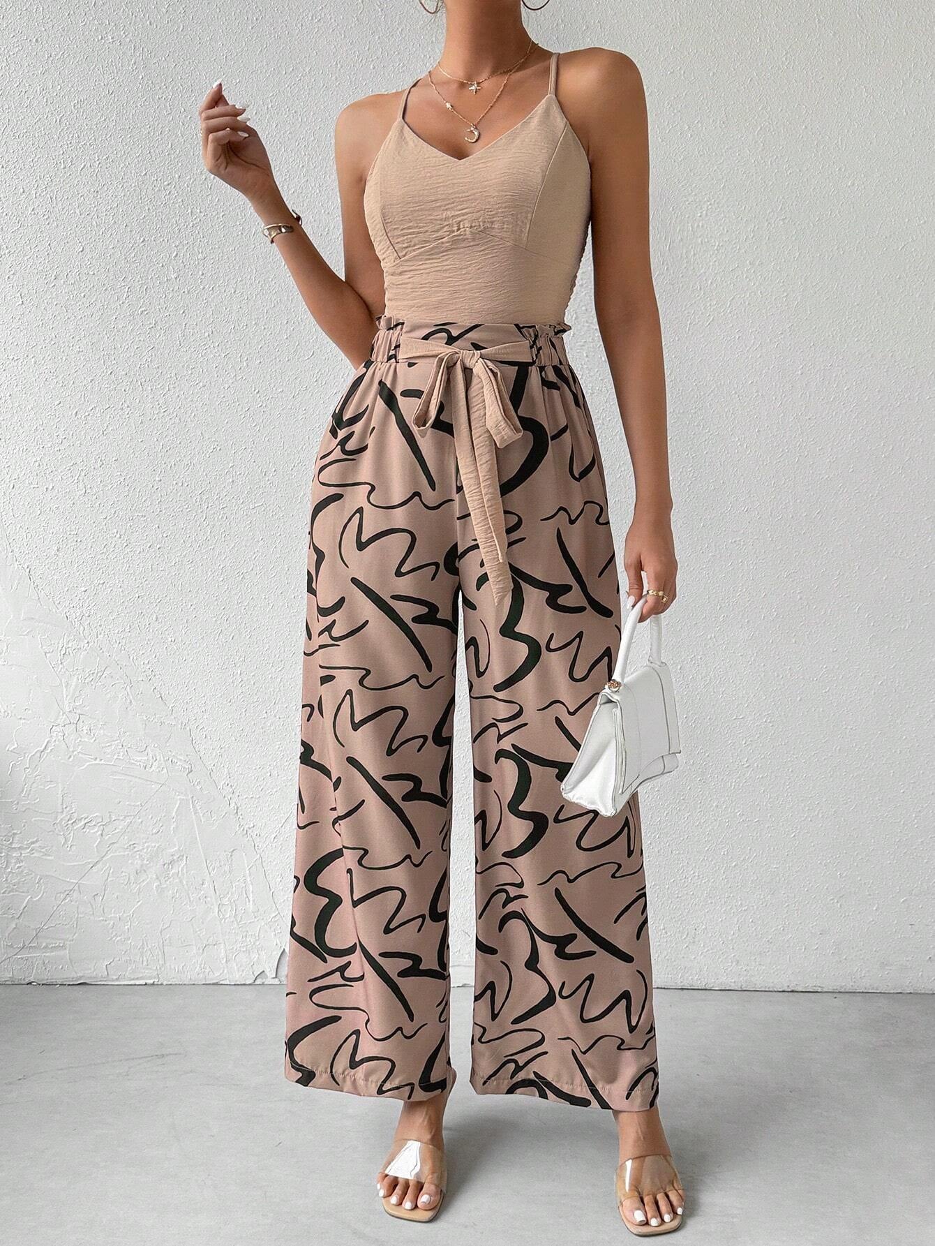 Privé Women'S Pure Color Textured Camisole Top and Printed Wide Leg Pants Set