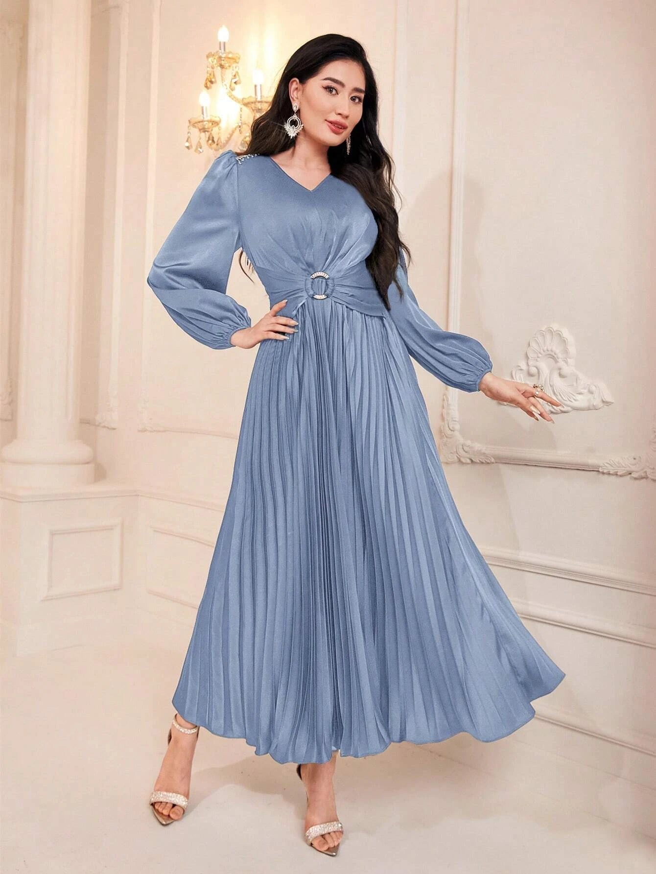 Modely Lantern Sleeve Pleated Hem Dress
