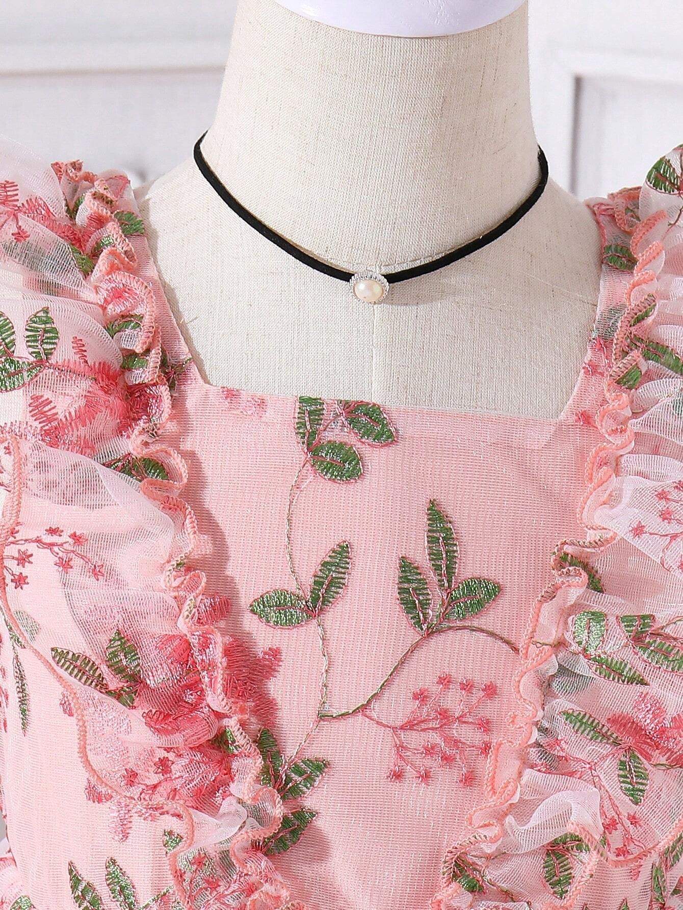 Young Girls' Elegant Princess Dresses, Flower Embroidered Tulle Dress with Puffy Sleeves for Wedding/Birthday/Party/Holiday, Sweet Pink Summer Clothes