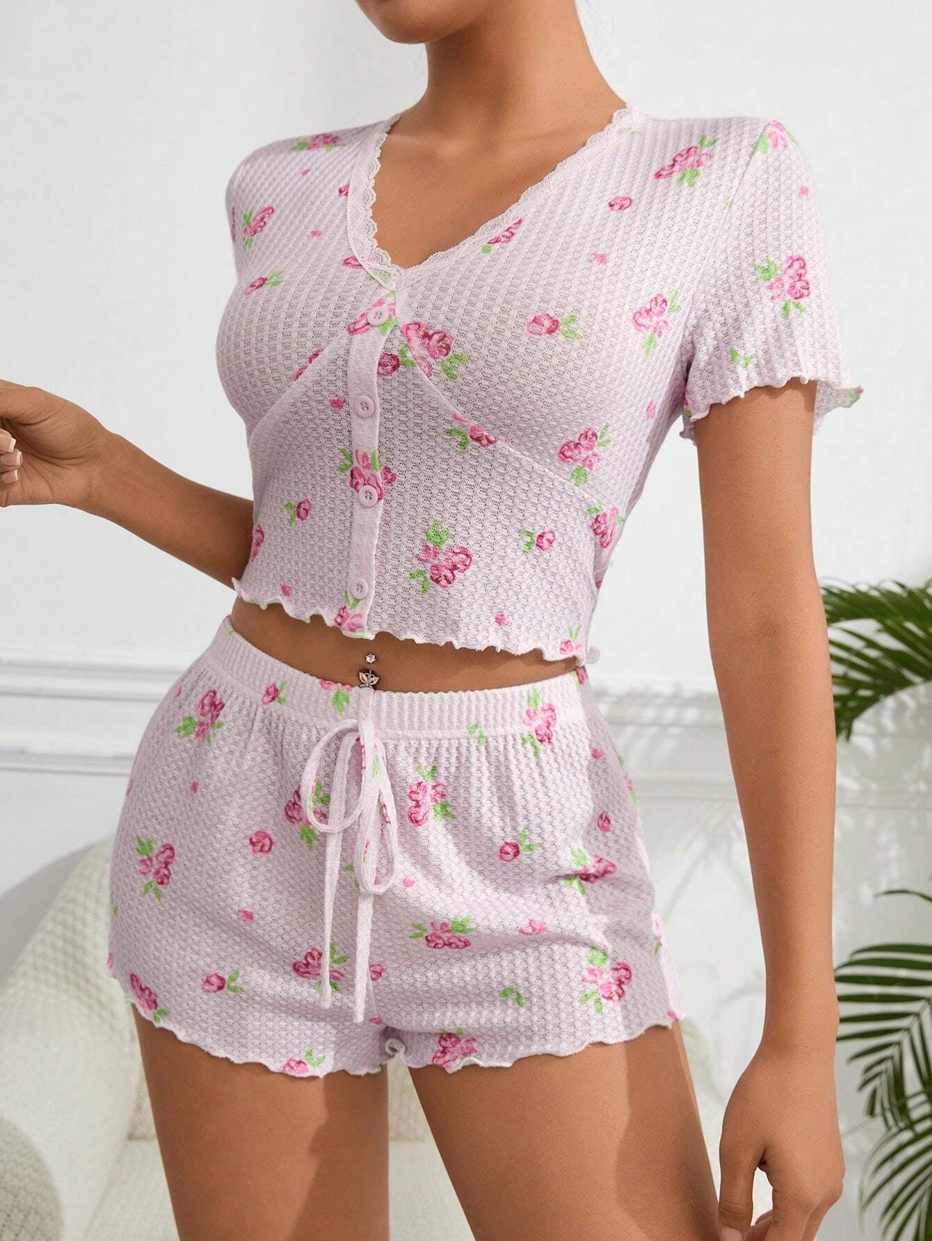 Lace Trim Floral Print Top and Shorts Pajama Set