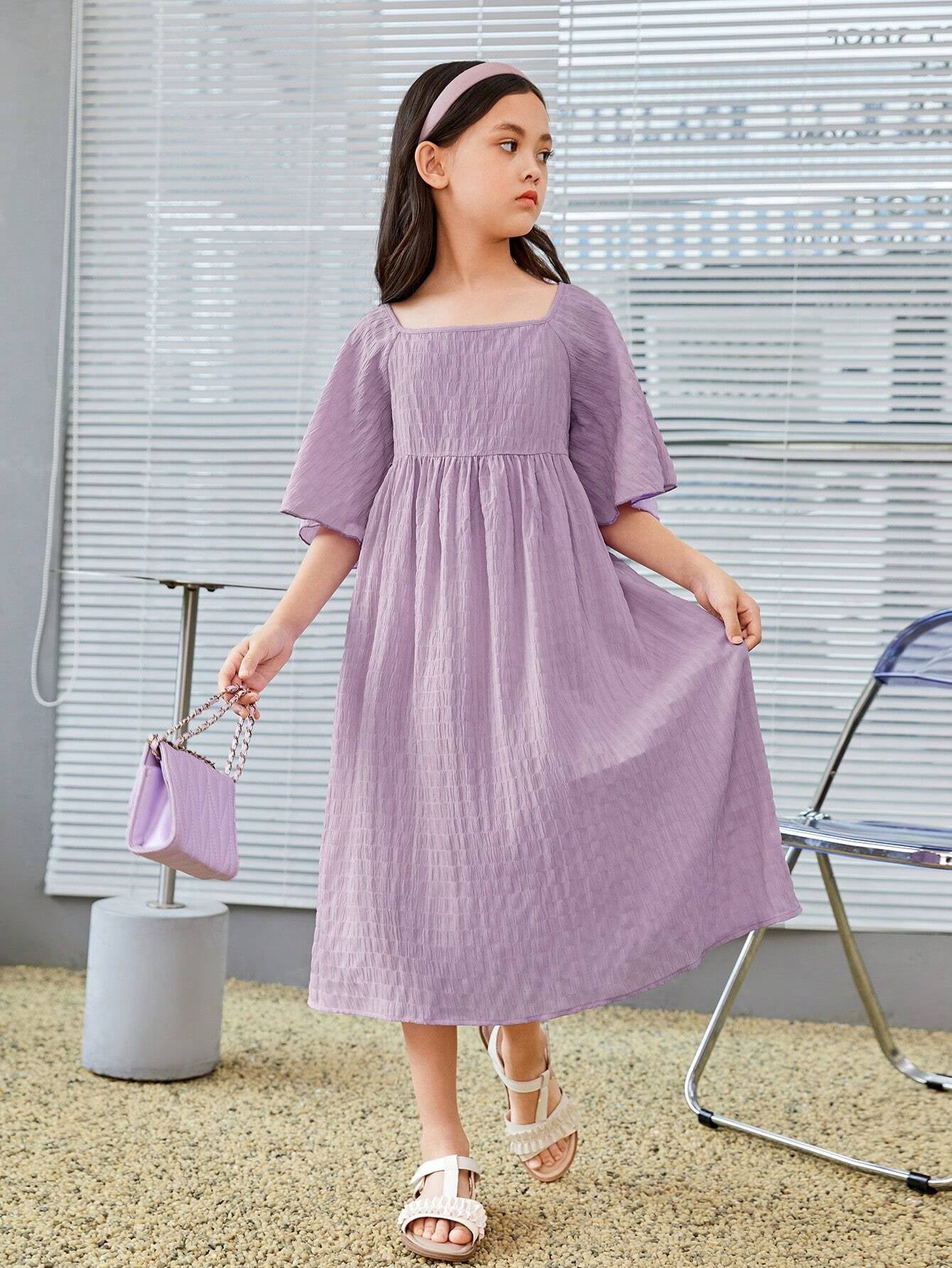 Tween Girl Solid Loose-Fit Elegant Dress with Square Neckline, Cap Sleeves, Suitable for Spring & Summer