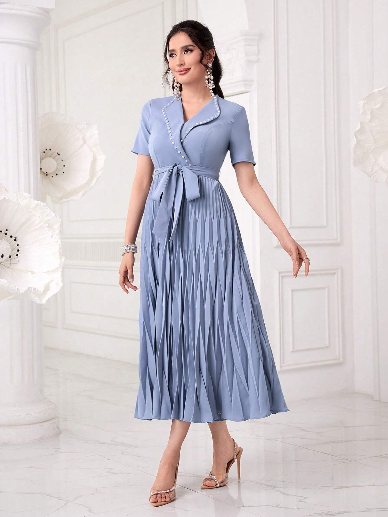 Modely Pearls Beaded Detail Belted Pleated Hem Dress