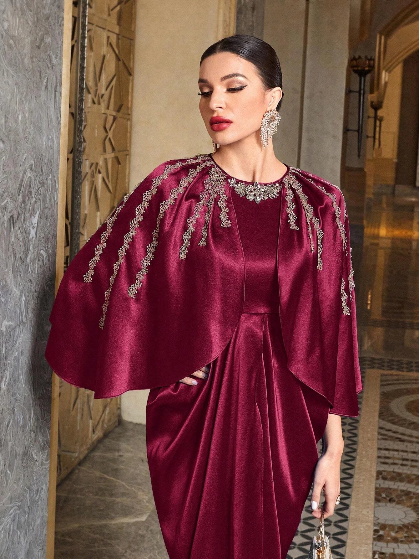 Modely Rhinestone Detail Batwing Sleeve Wrap Hem Dress