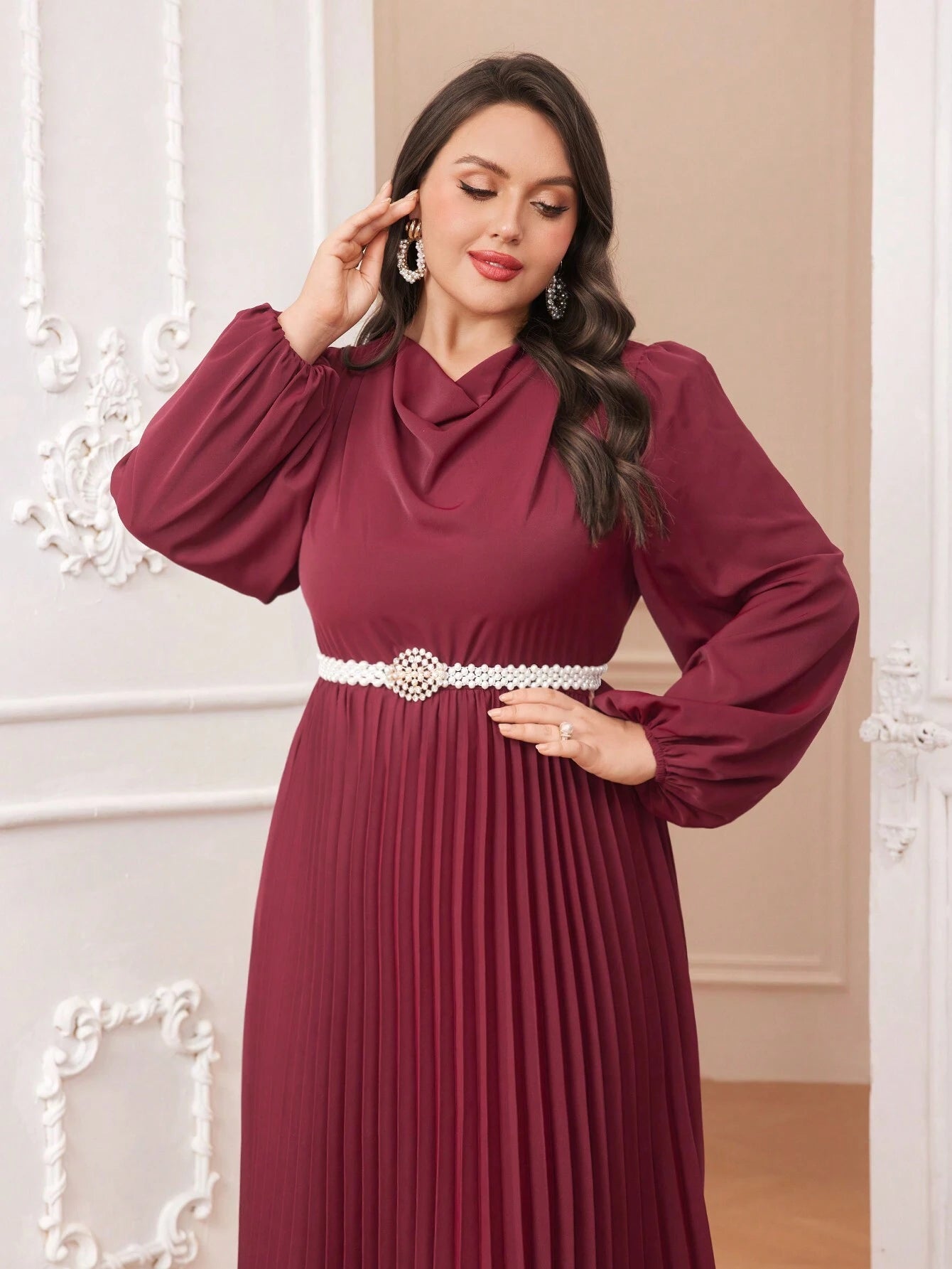 Modely plus Size Solid Color Draped Collar Lantern Sleeve Dress