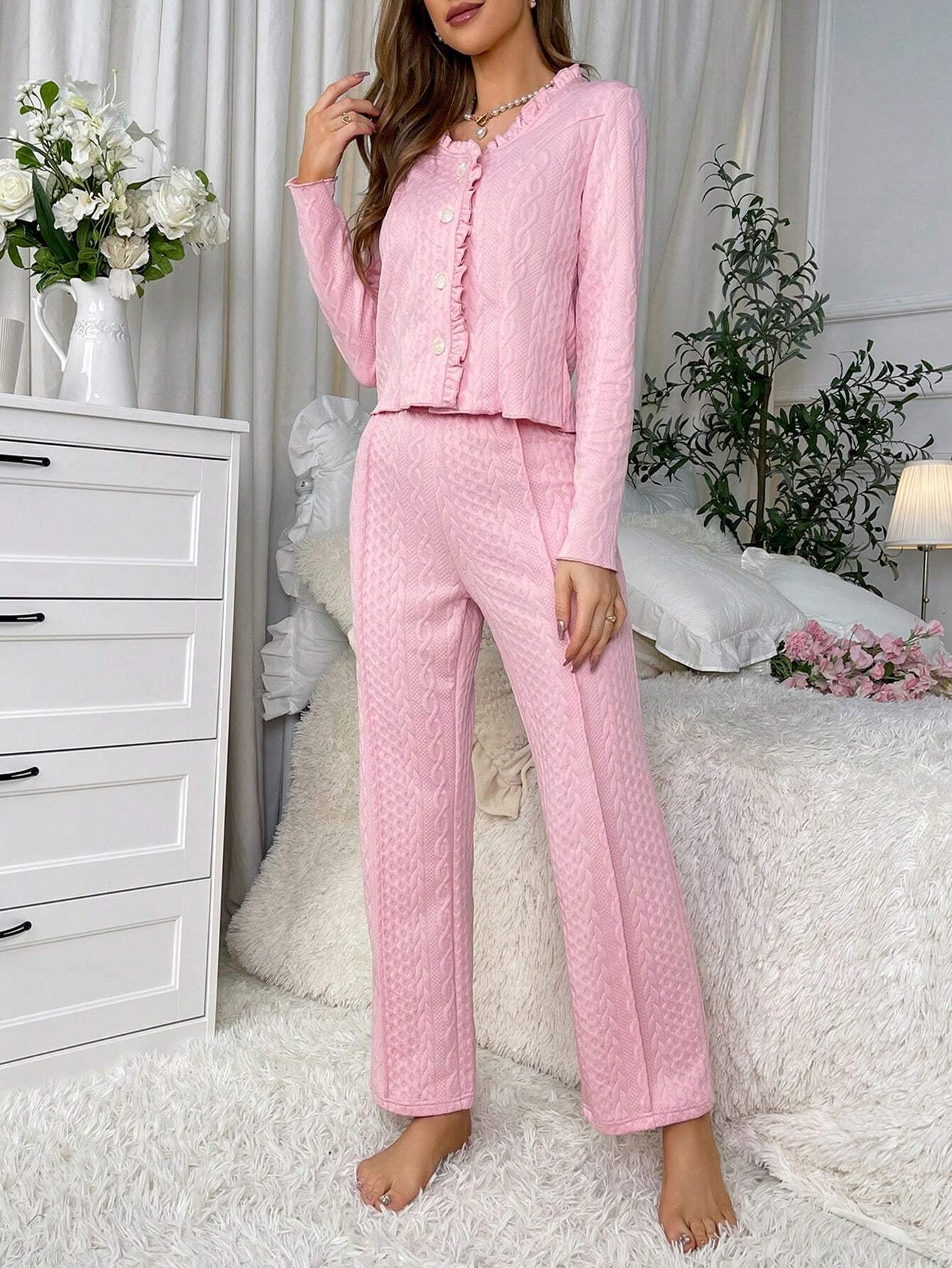 Frill Trim Button Front Lounge Set