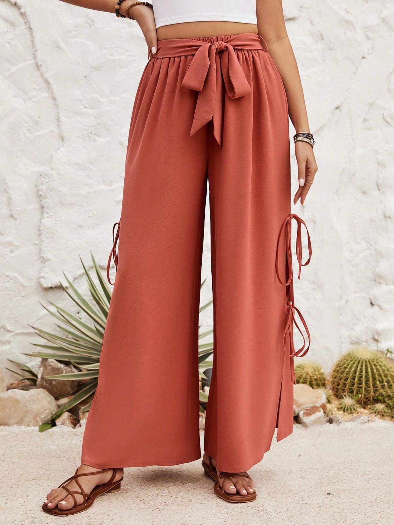 VCAY Women'S Solid Color Wide Leg Orange Pants